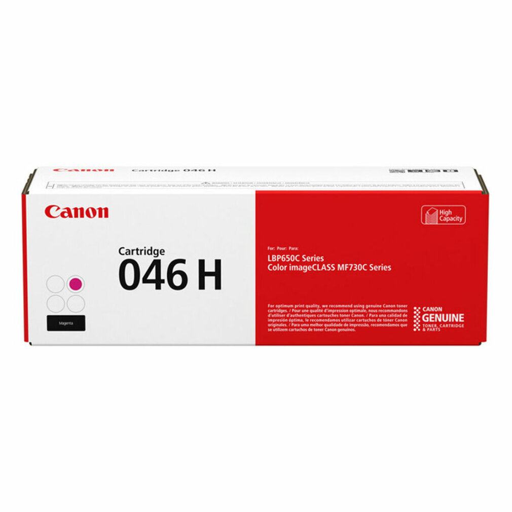 Canon 046 H tonercartridge doos. Rode en witte doos met "Canon" logo, magenta kleurenindicator en productdetails.