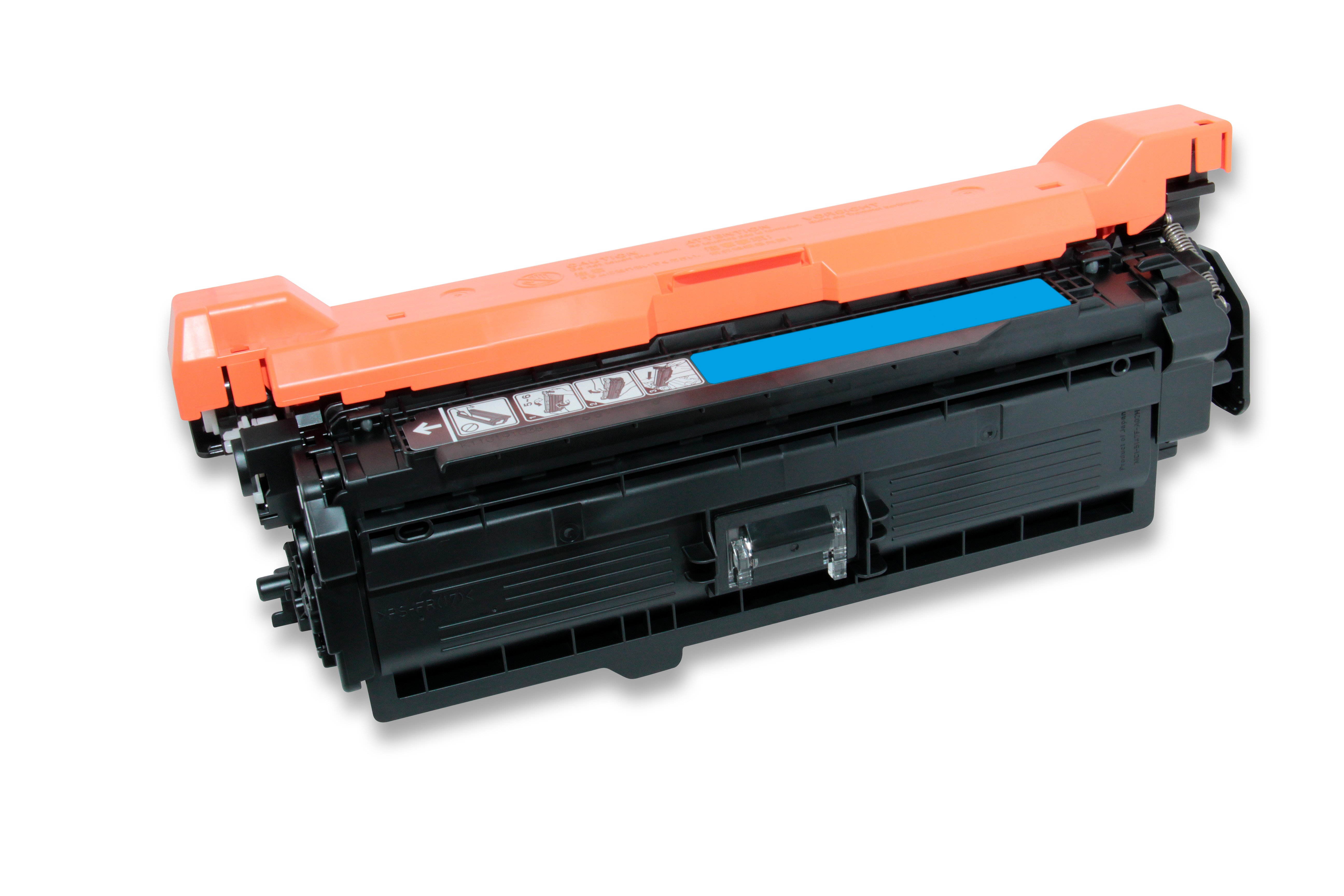 Una cartuccia toner per stampante. Ha parti nere e arancioni con una sezione blu. Lo sfondo è bianco.