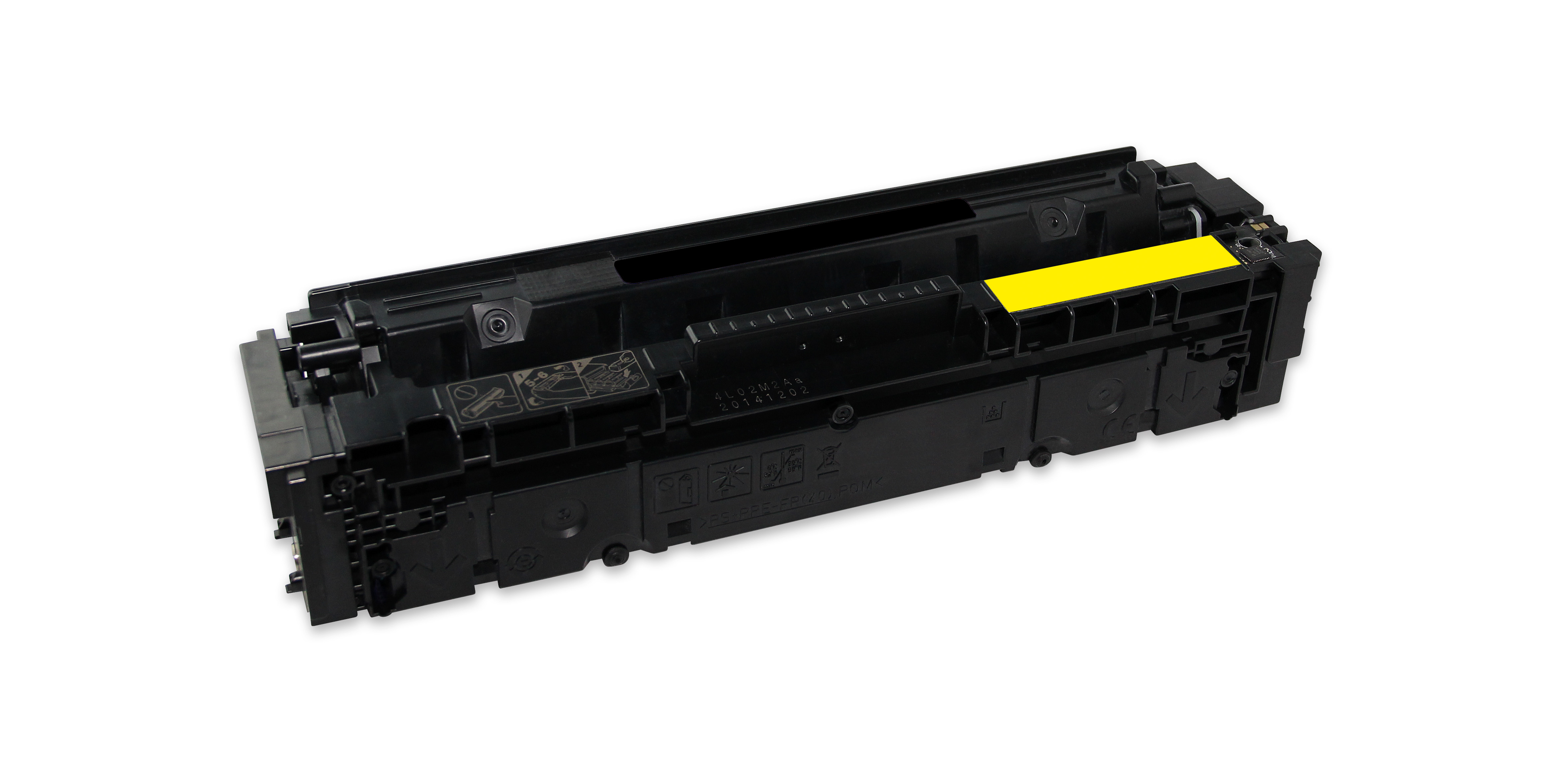 Una cartuccia toner nera con un'etichetta gialla su sfondo bianco. La cartuccia è angolata verso destra.