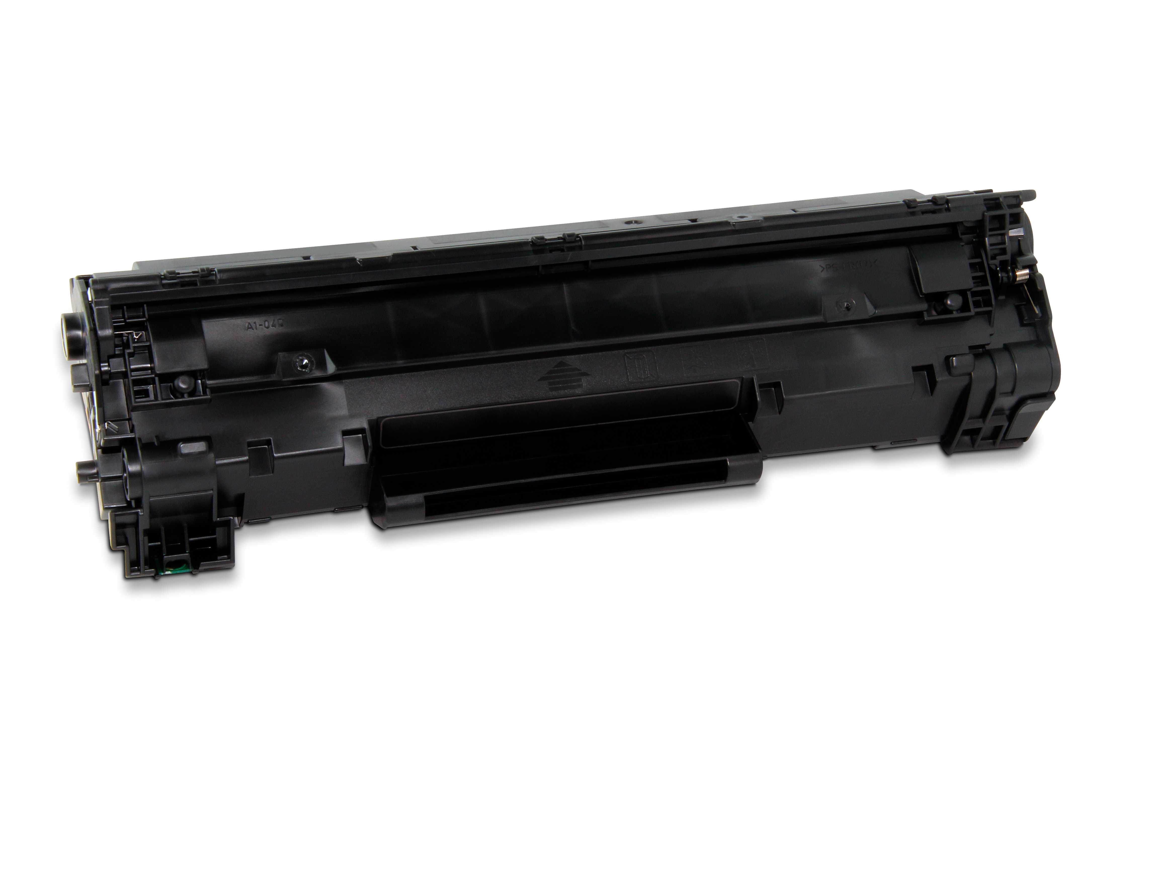 Una cartuccia toner nera per stampante su sfondo bianco. La cartuccia mostra vari dettagli meccanici.