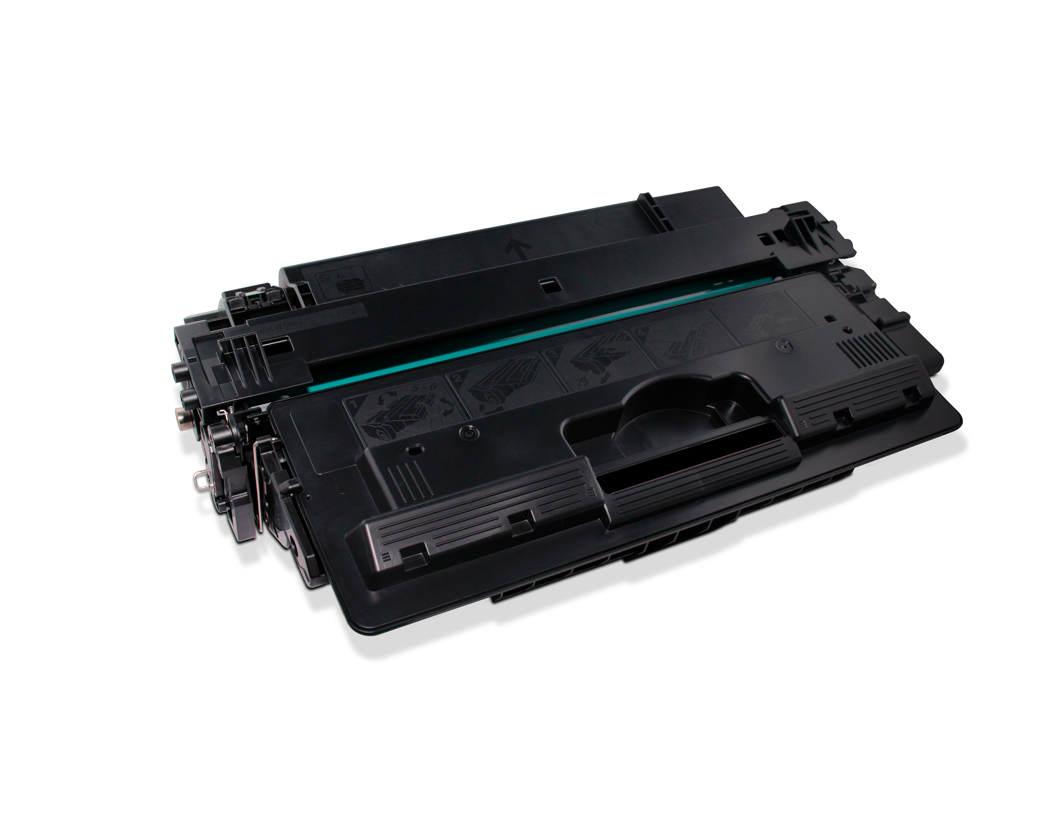 Una cartuccia toner nera su sfondo bianco, che proietta un'ombra.