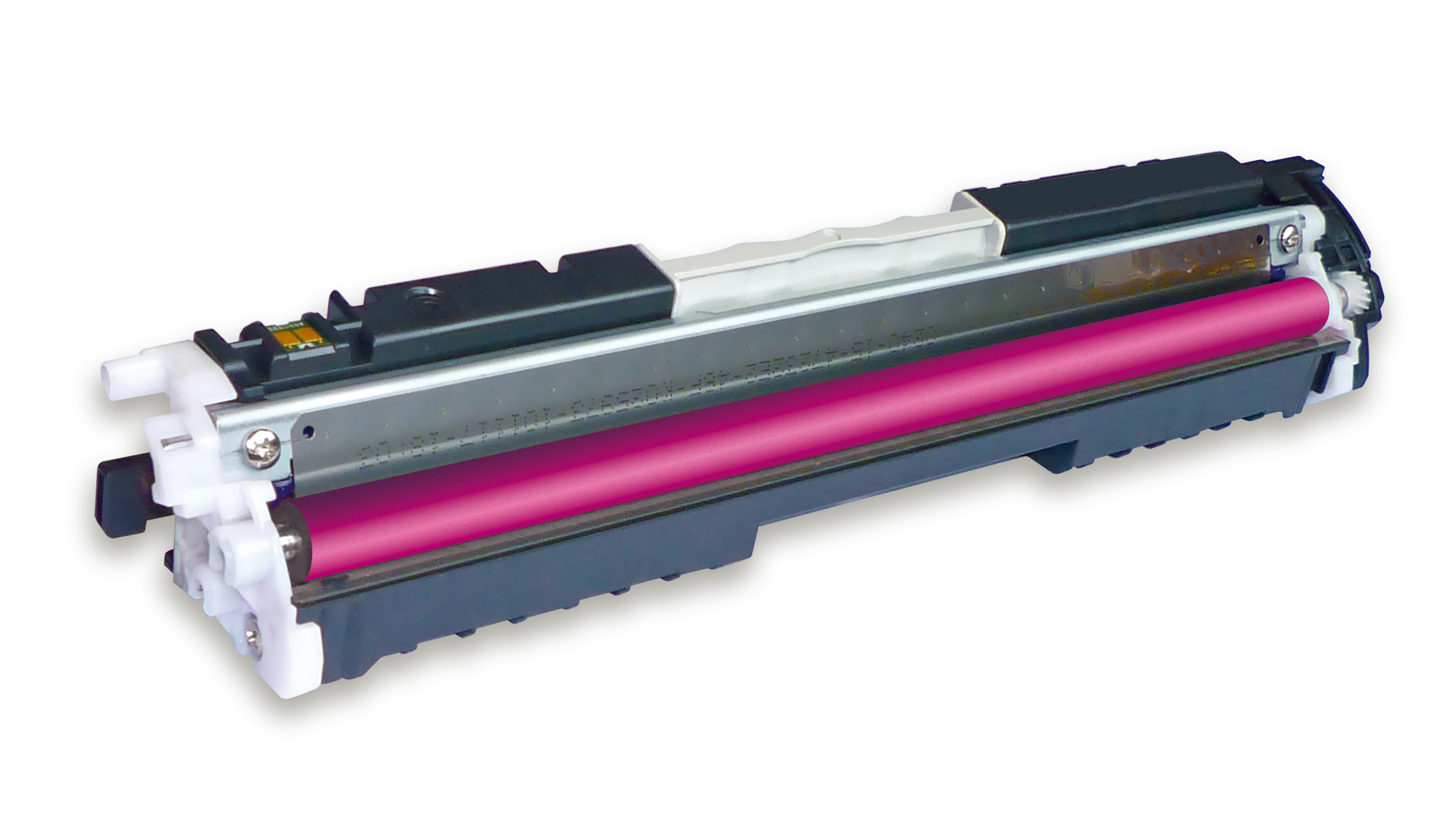 Viene mostrata una cartuccia toner. Ha un rullo magenta, componenti in plastica nera e bianca e un telaio metallico. Lo sfondo è bianco.