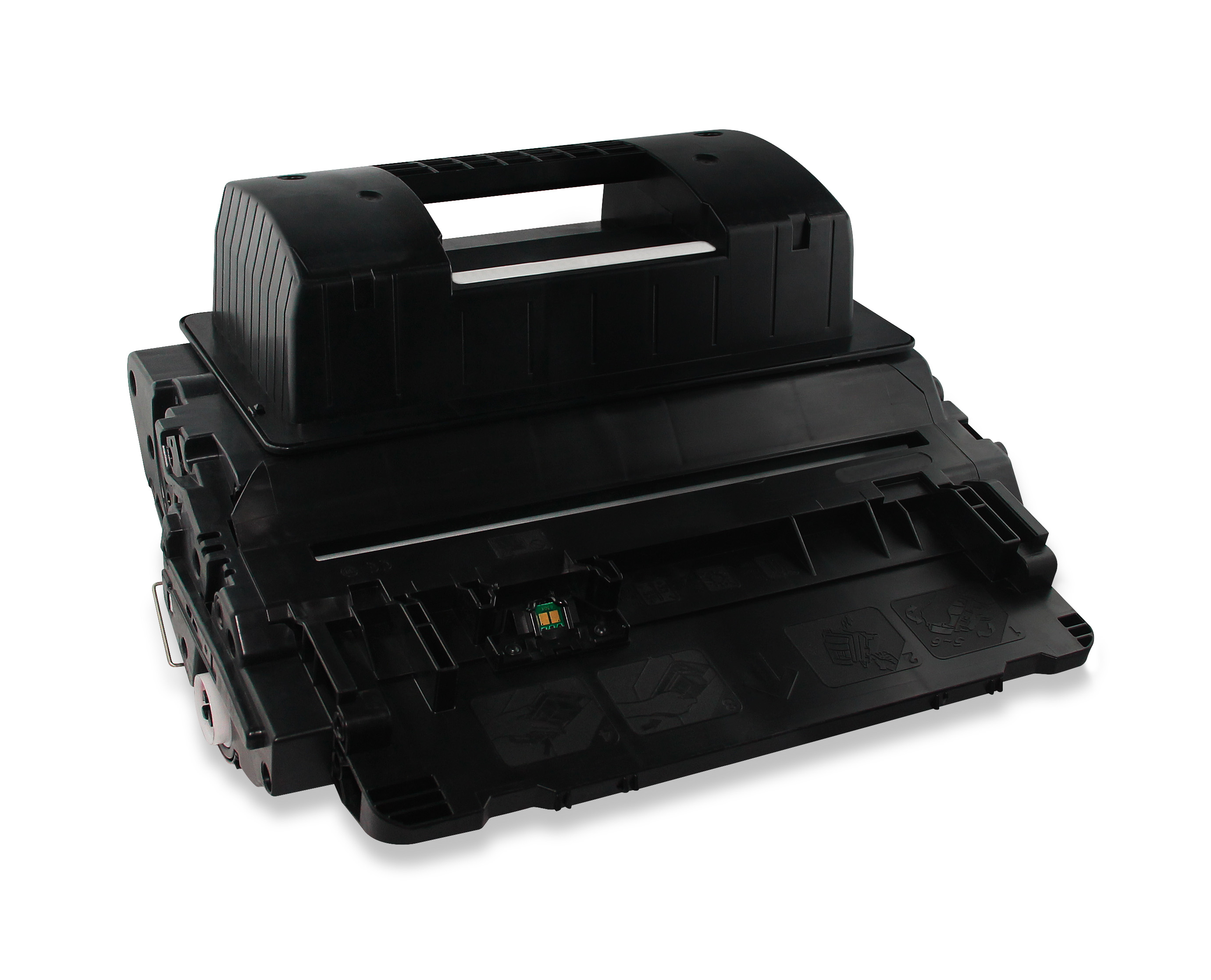 Una cartuccia toner nera per stampante è su una superficie bianca. Ha una maniglia e vari scomparti. Lo sfondo è bianco.