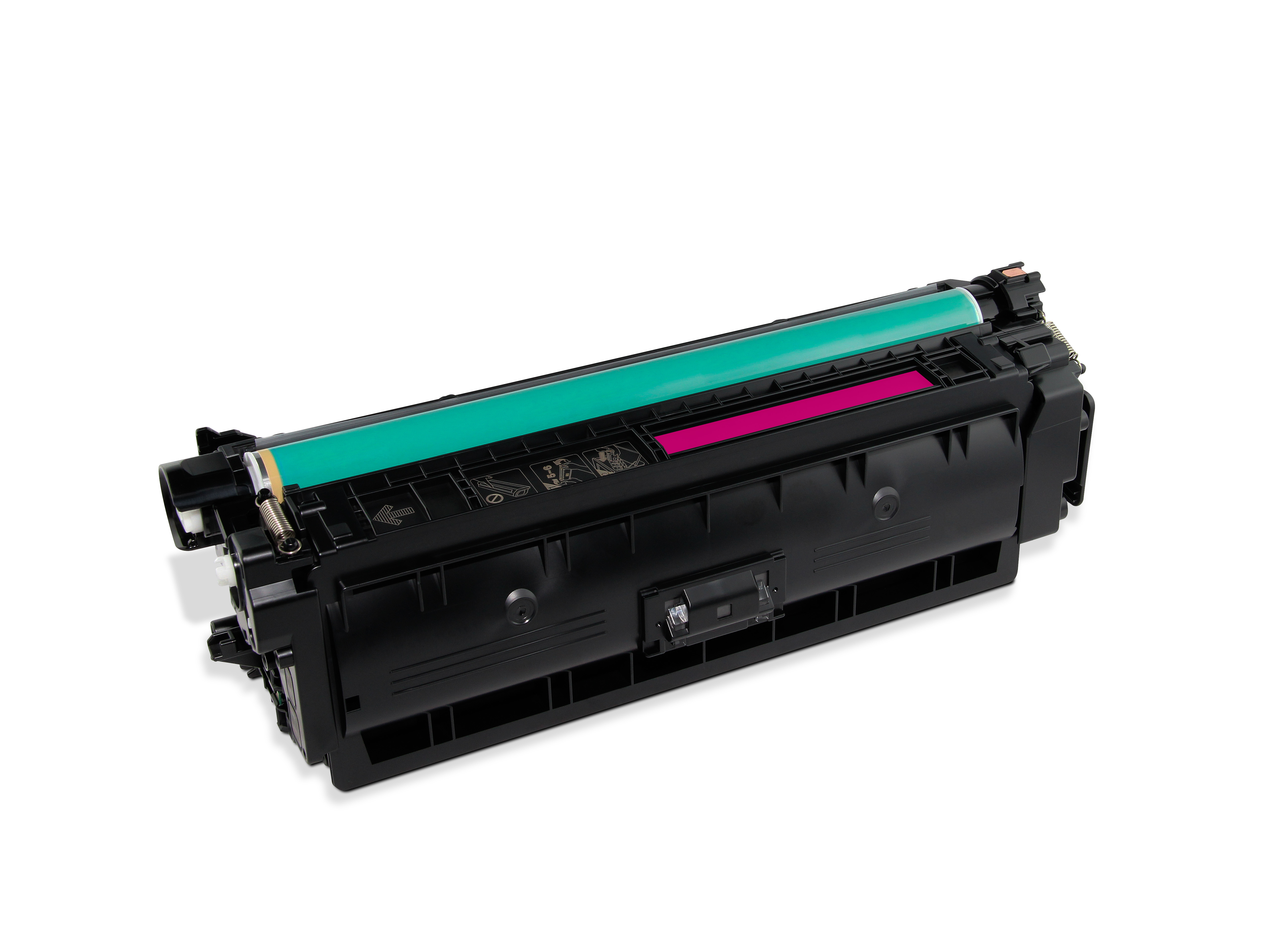 Una cartuccia toner nera, con componenti verdi e rosa, su sfondo bianco. È una cartuccia nuova.