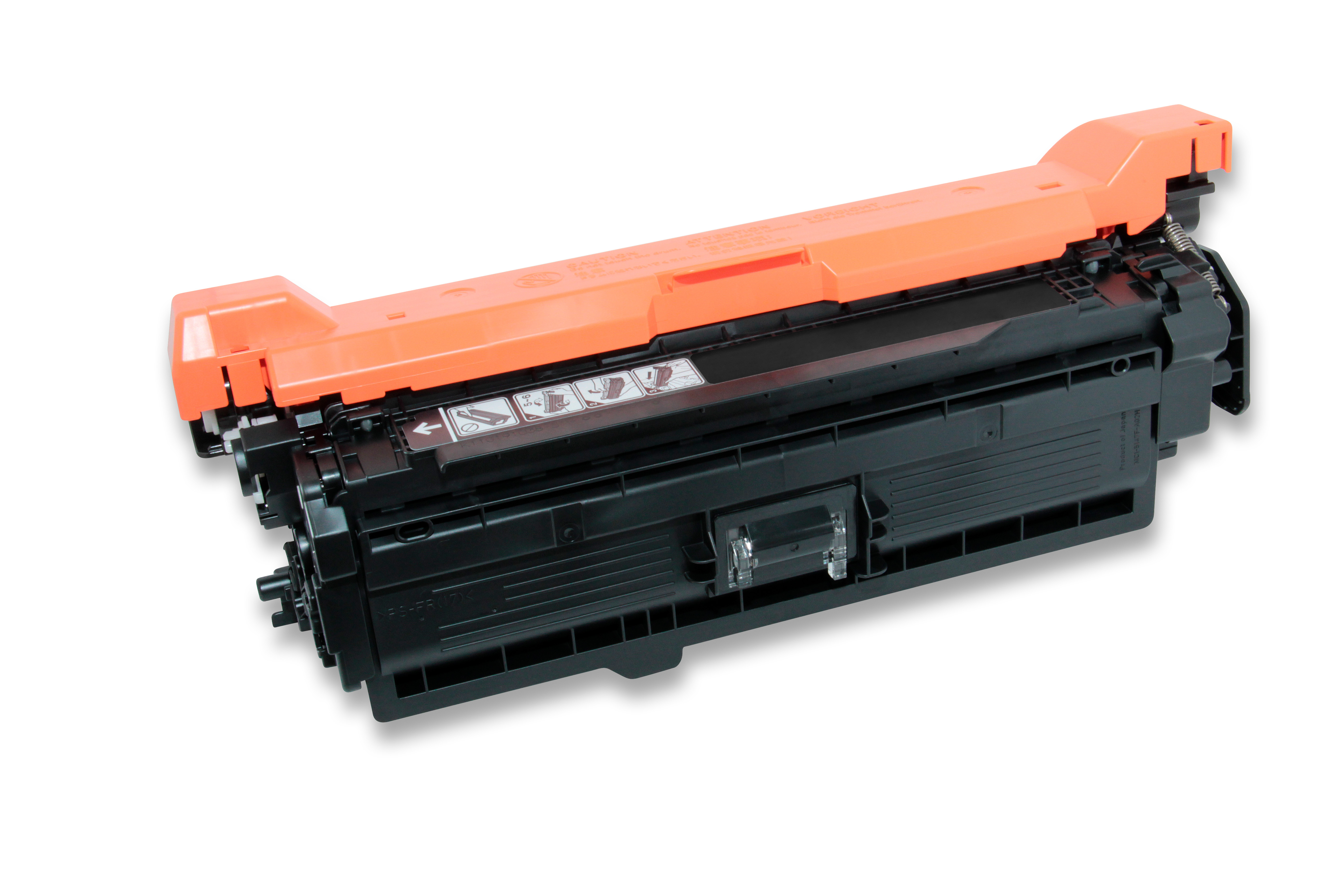 Una cartuccia toner per stampante. Ha un corpo nero e una parte superiore arancione. Lo sfondo è bianco.
