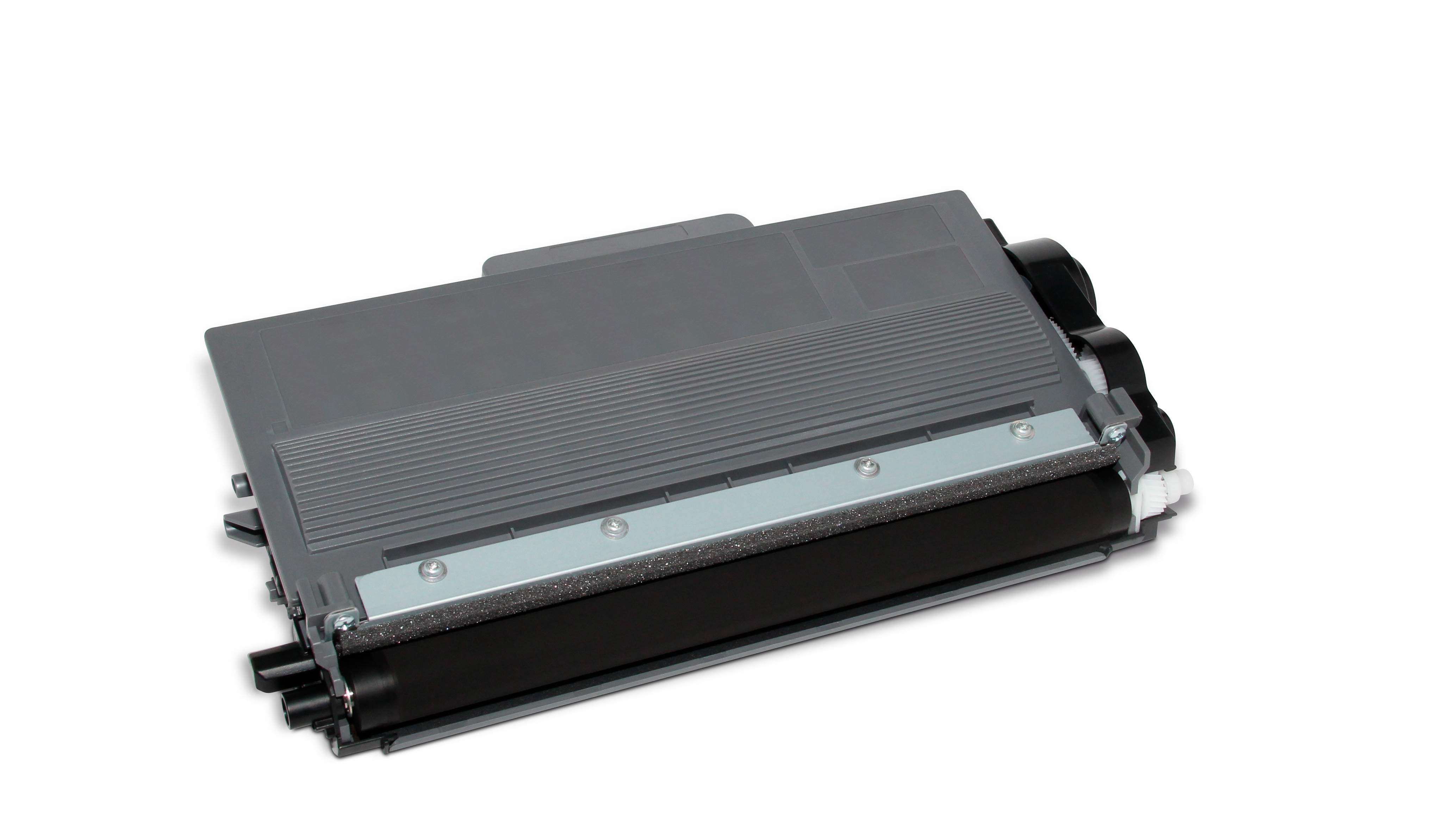 Una cartuccia toner grigia su sfondo bianco. La cartuccia ha componenti neri e argentati.