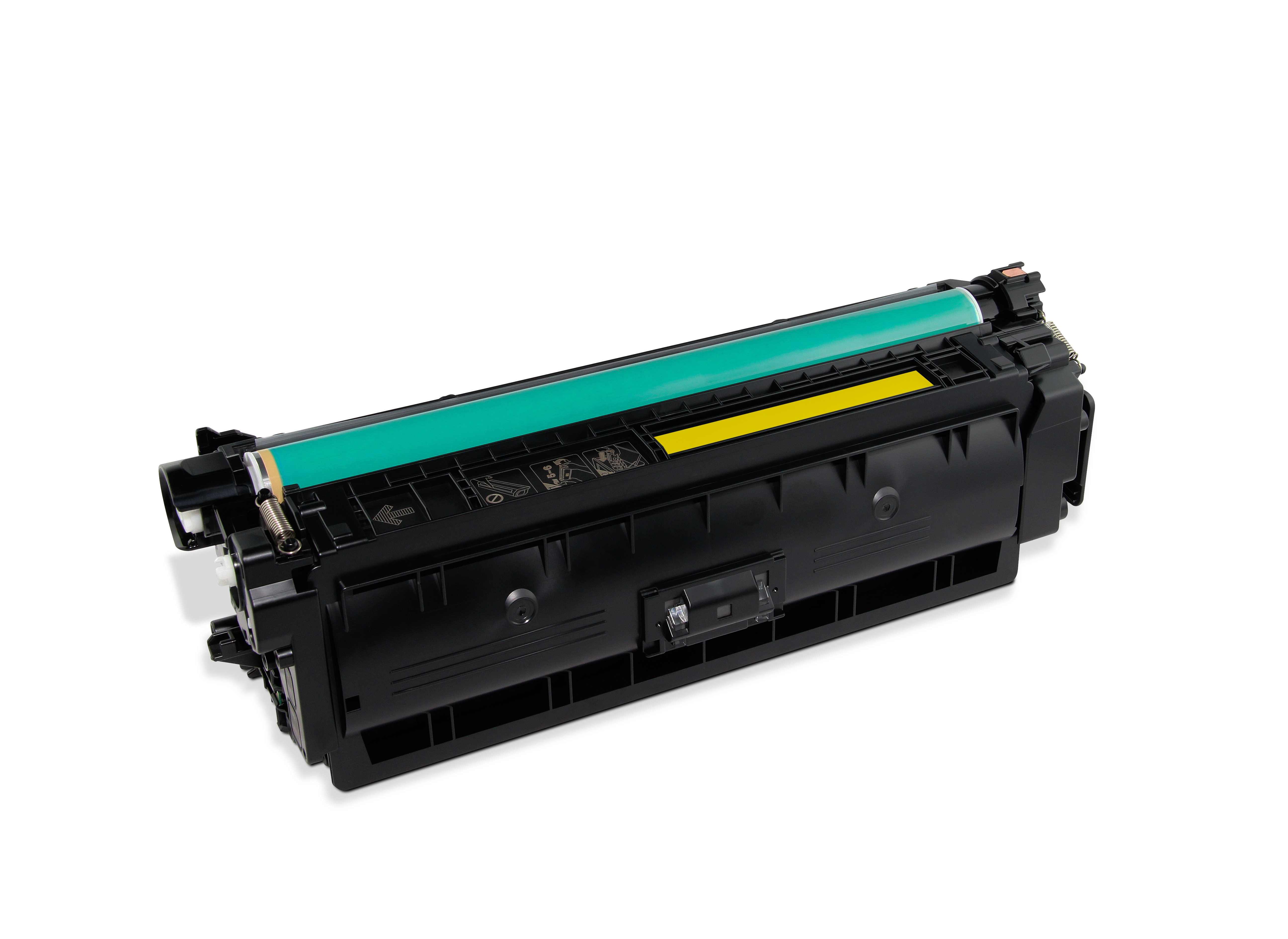 Una cartuccia toner nera con rullo verde e sezione gialla, isolata su bianco.