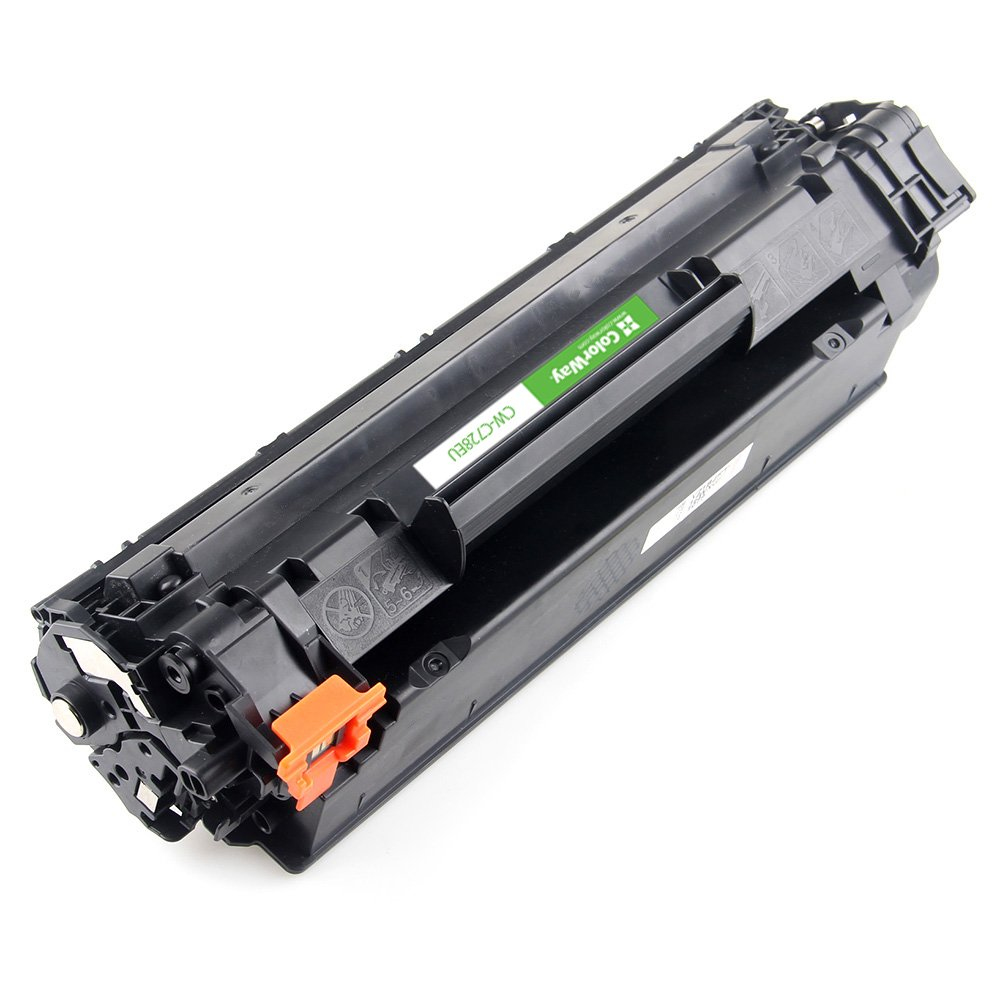 Cartuccia toner per stampante nera con clip arancione. Ha un'etichetta verde con scritto ColorWay e CW-C728EU.