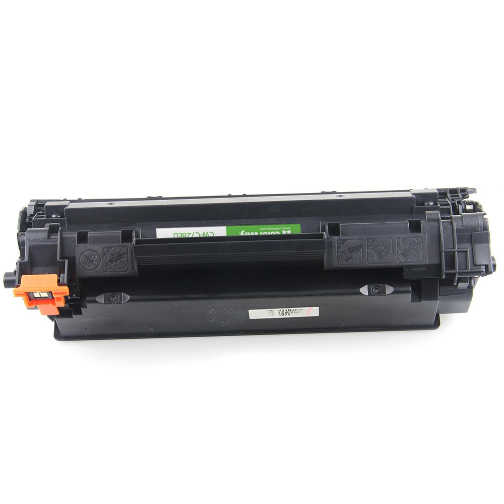 Una cartuccia toner nera con una leva arancione. È etichettata con testo bianco e un adesivo verde.