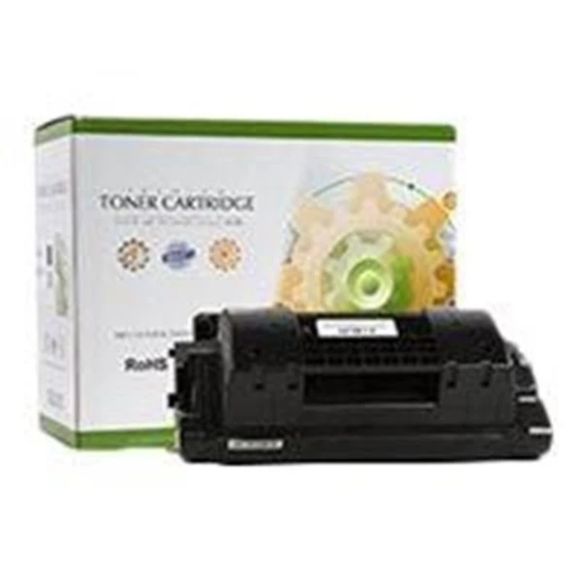 Una cartuccia toner nera è posizionata davanti a una scatola bianca con la scritta 'TONER CARTRIDGE' e un grafico a ingranaggi.