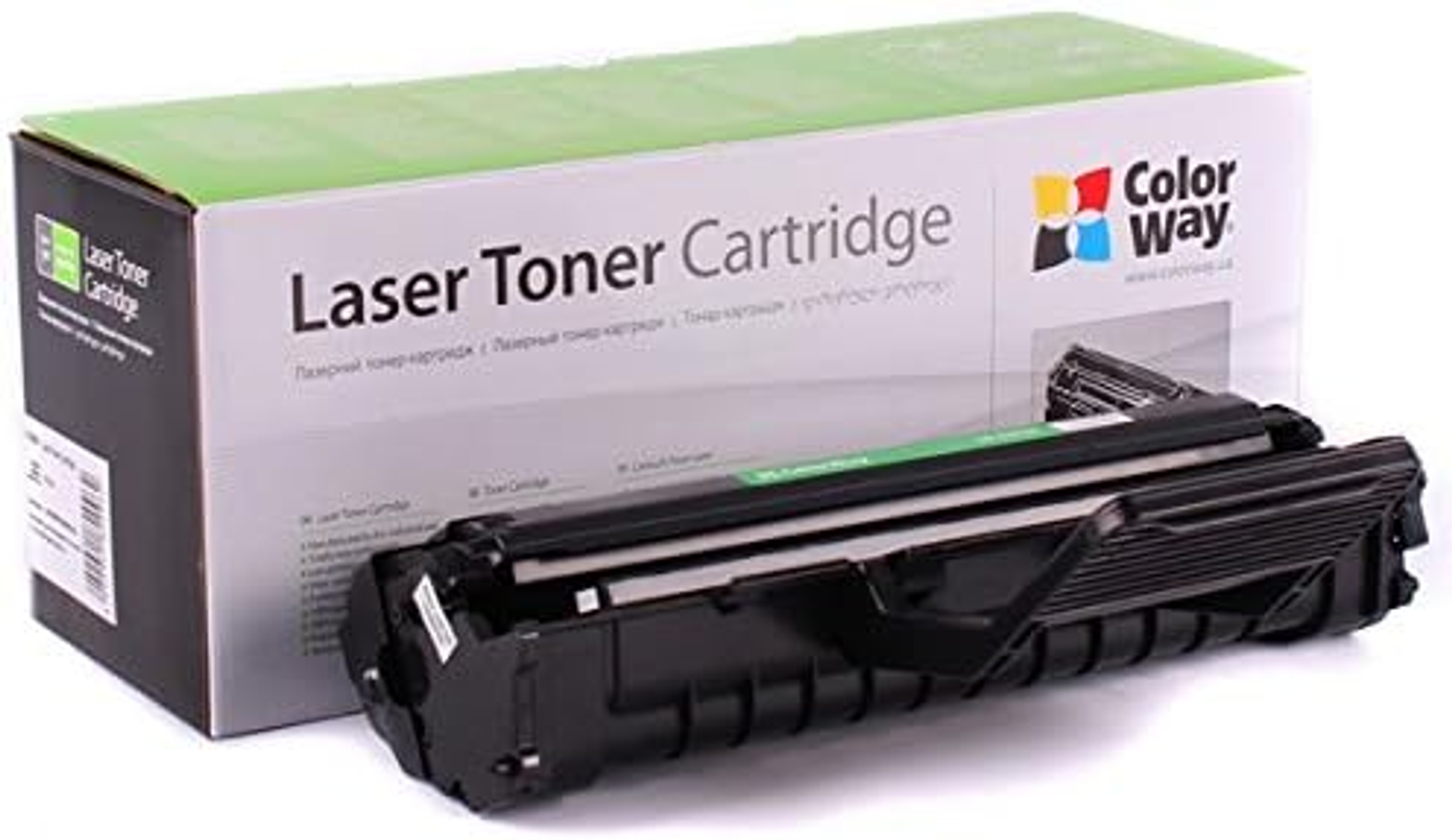 Een lasertonercartridge en de doos ervan worden getoond. De doos is groen en wit, met de tekst 'Laser Toner Cartridge'.