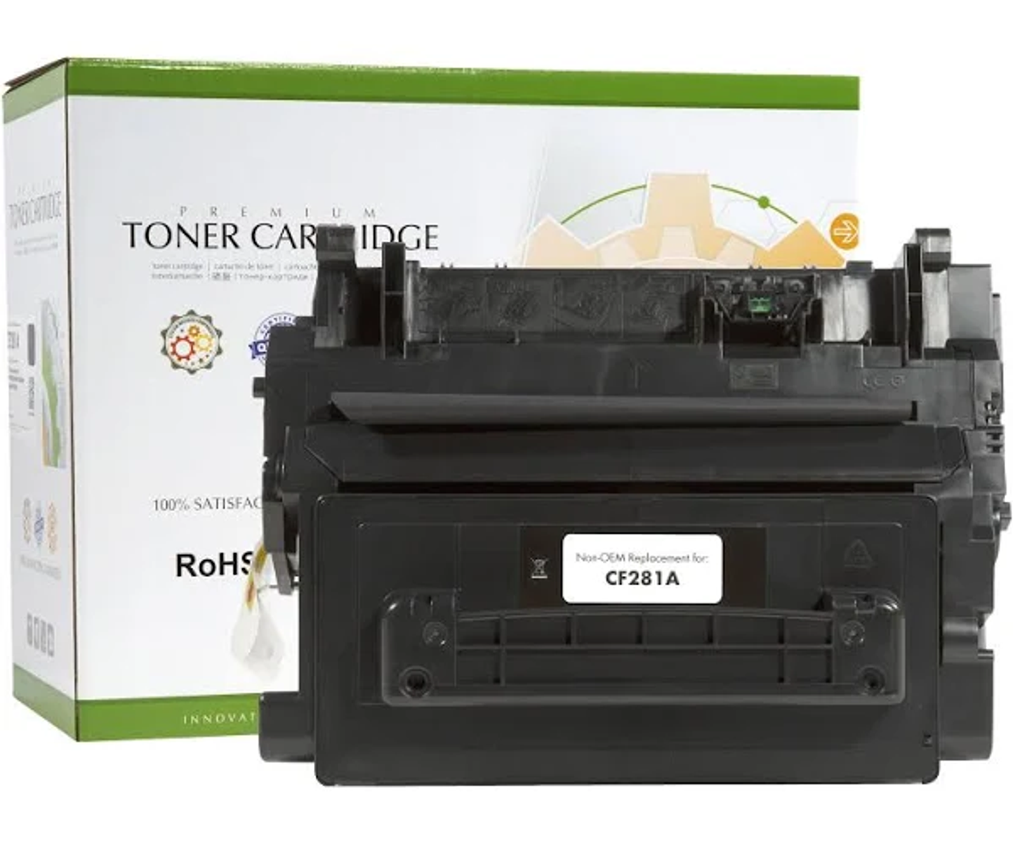 Viene mostrata una cartuccia di toner per stampante con la sua scatola. La scatola è bianca e verde, e la cartuccia è nera.
