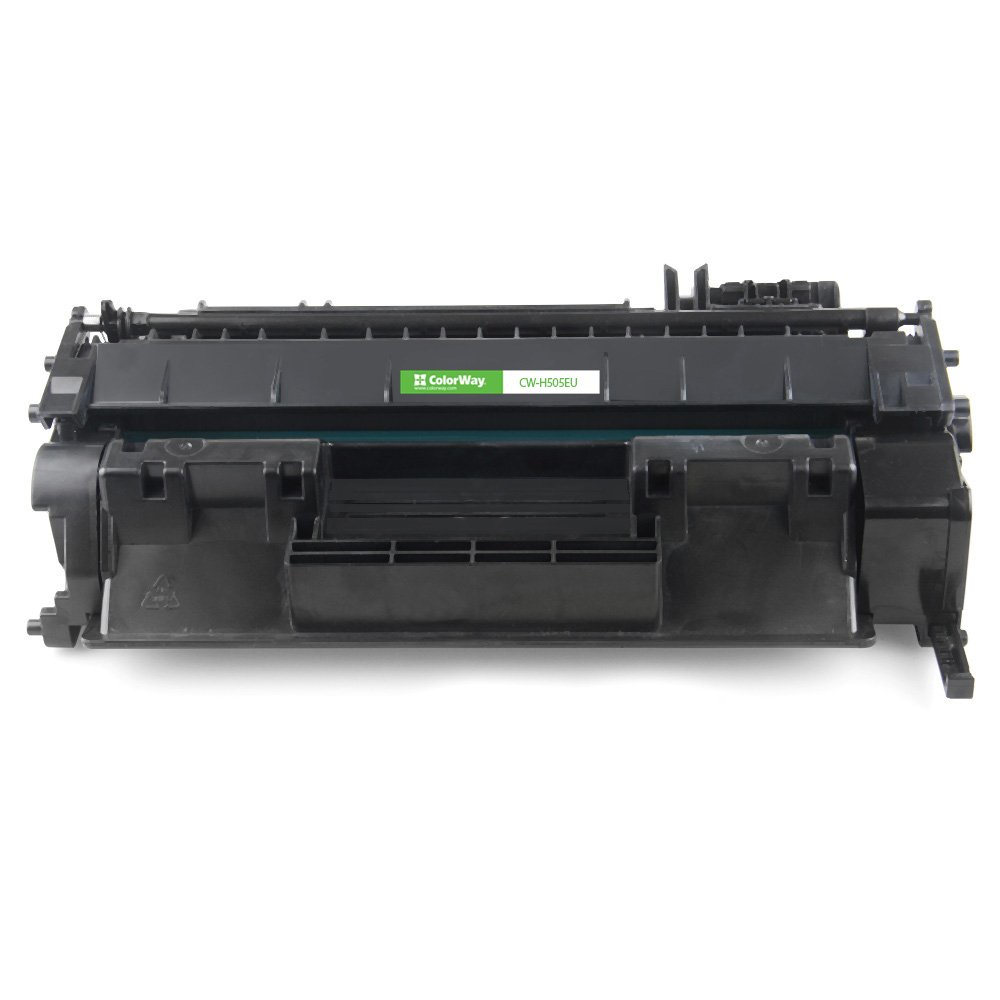 Una cartuccia toner per stampante nera. Ha un'etichetta verde e bianca con la scritta ColorWay CW-H505EU.