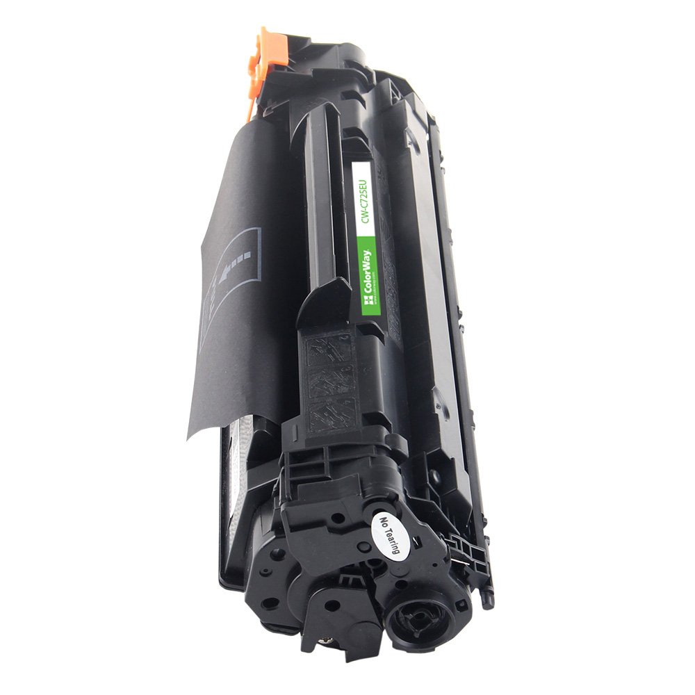 Cartuccia toner per stampante nera e arancione su sfondo bianco. Un'etichetta verde recita 'CW-C725EU'. La cartuccia è nuova.