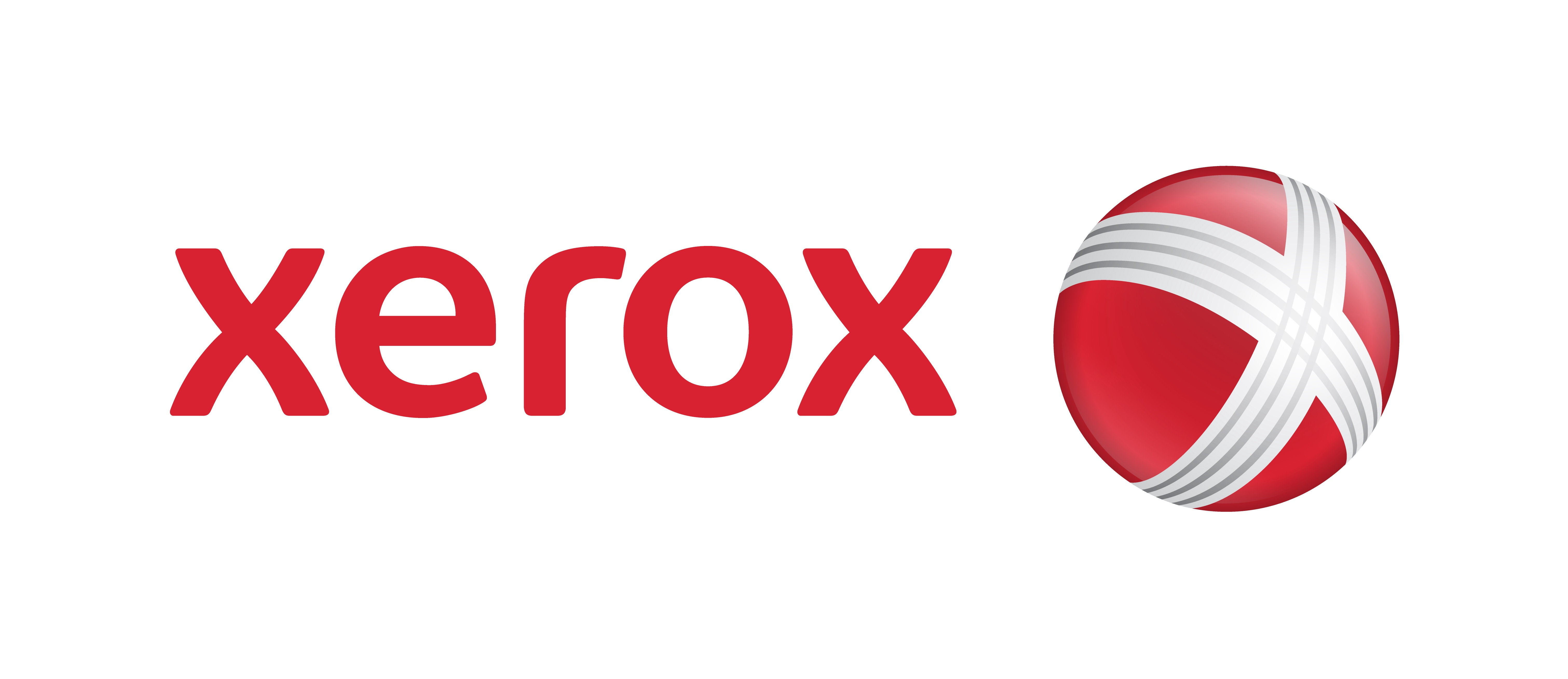 Logo Xerox na białym tle. Słowo 'xerox' jest czerwone, obok czerwonej kuli z przecinającymi się białymi liniami.