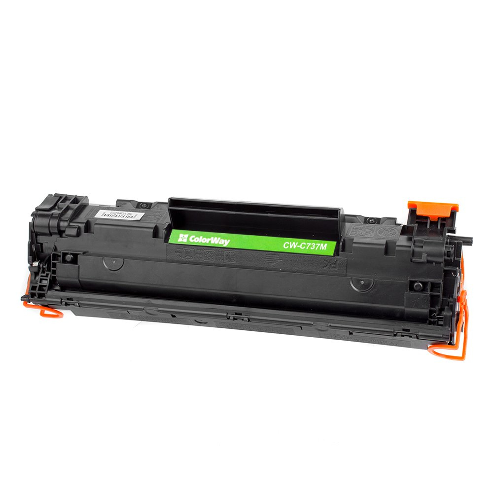 Czarny i zielony toner ColorWay CW-C737M z pomarańczowymi akcentami na białym tle.