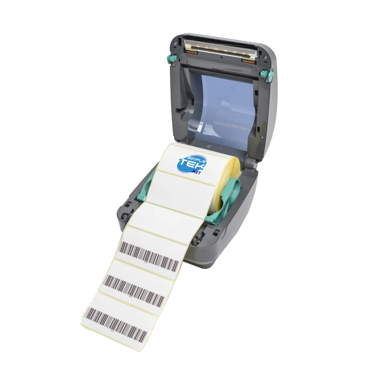 Otwarta szara drukarka etykiet z rolką białych etykiet. Etykiety mają czarne linie kodów kreskowych. Widoczne są zielone i niebieskie akcenty.