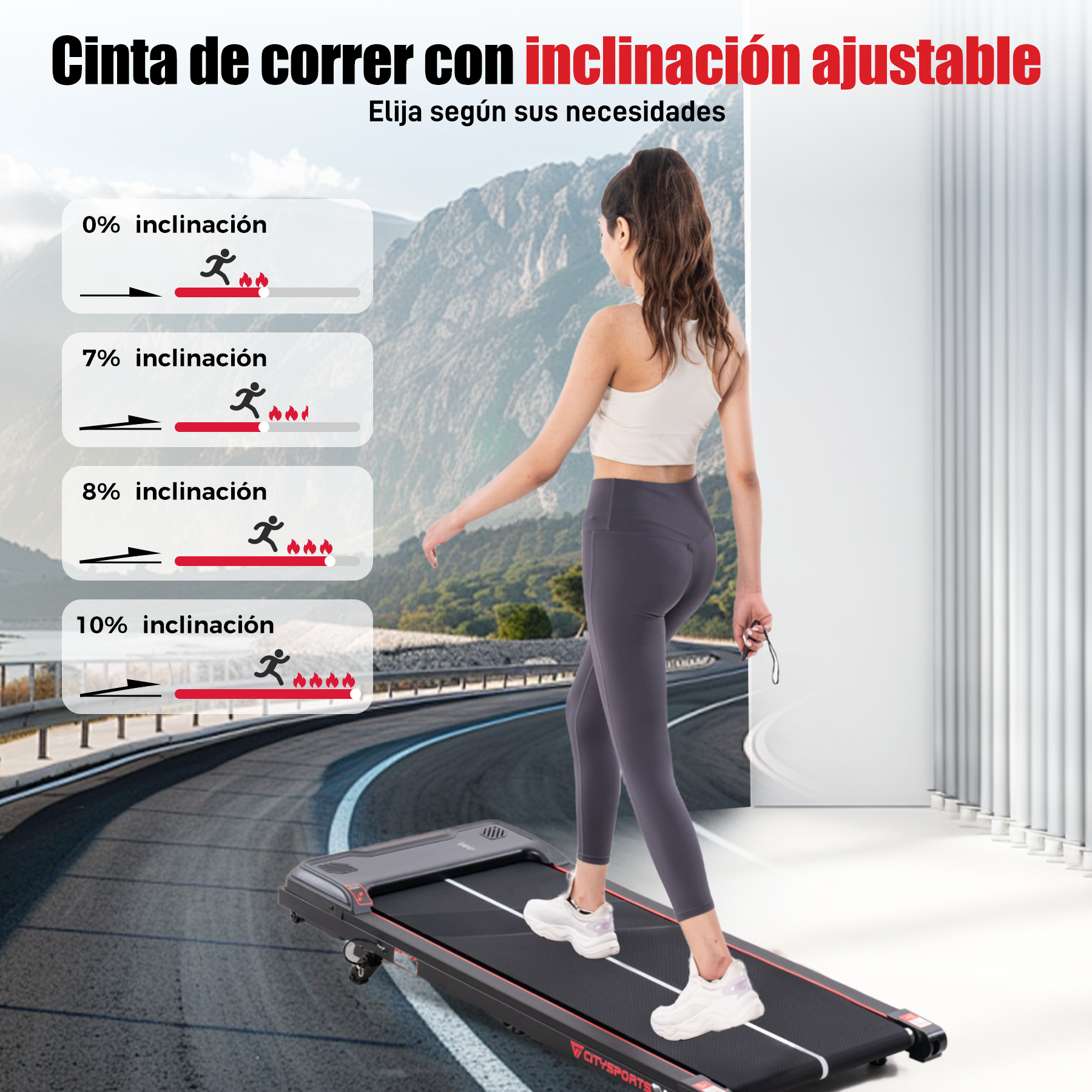 Mujer caminando en una cinta de correr con opciones de inclinación ajustables. El fondo muestra una carretera y montañas.