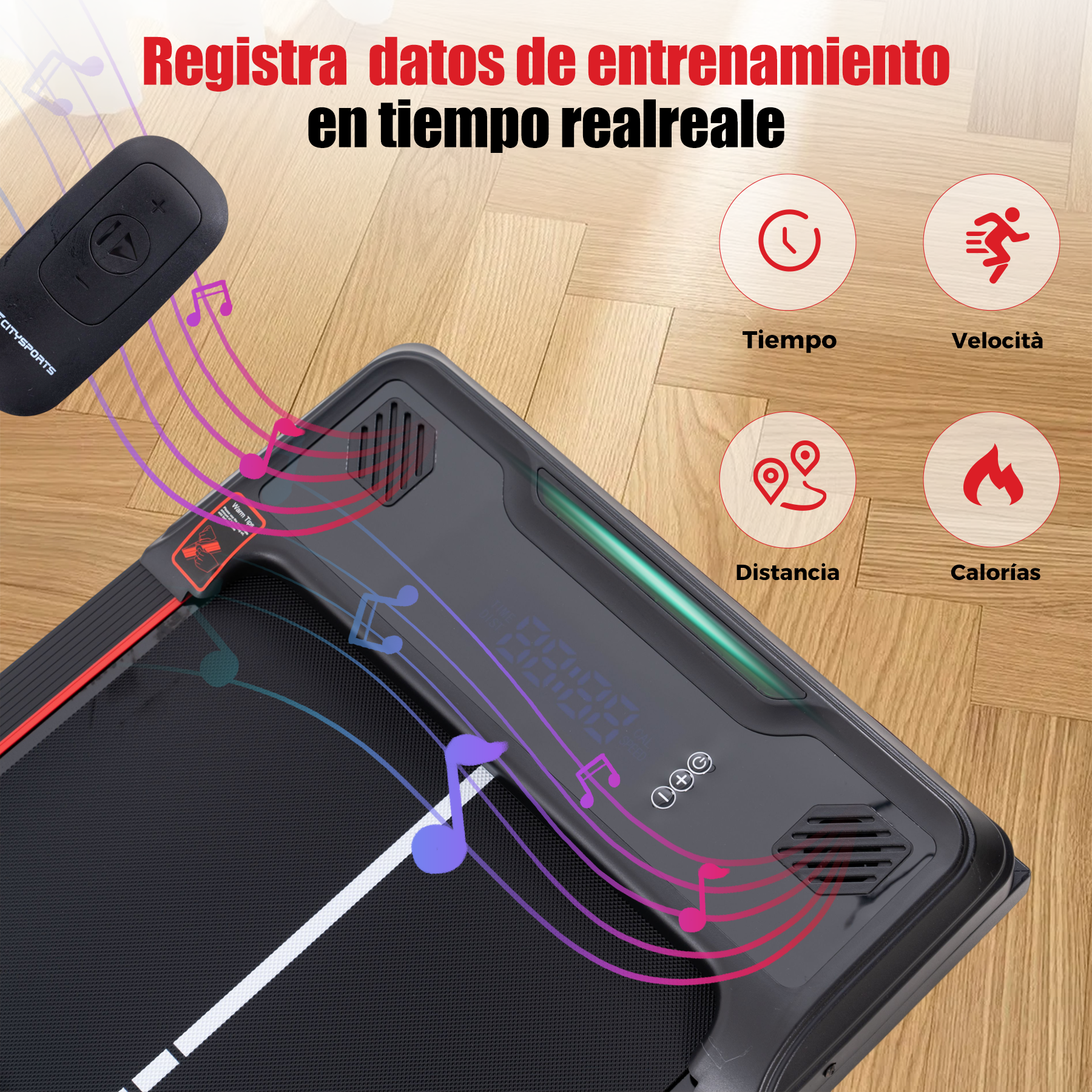 Una cinta de correr con mando a distancia, que muestra tiempo, velocidad, distancia y calorías. Notas musicales superpuestas.
