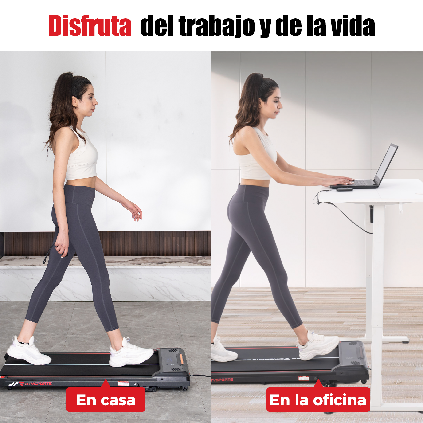 Mujer caminando en una cinta de correr en casa y en la oficina. Un escritorio blanco con portátil en la oficina.