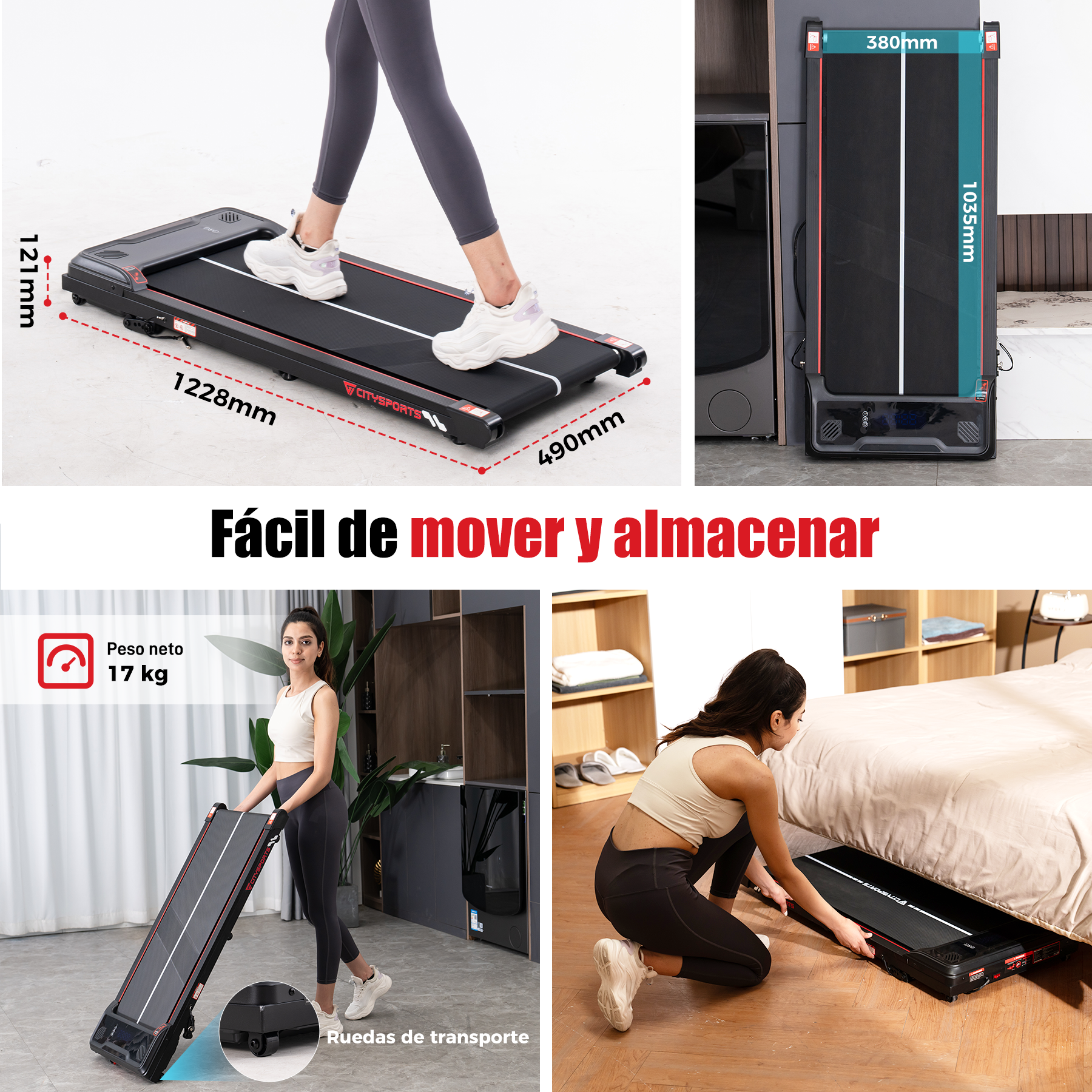 La imagen muestra una cinta de correr con medidas. Una mujer la usa, otra la mueve y otra la guarda debajo de una cama.