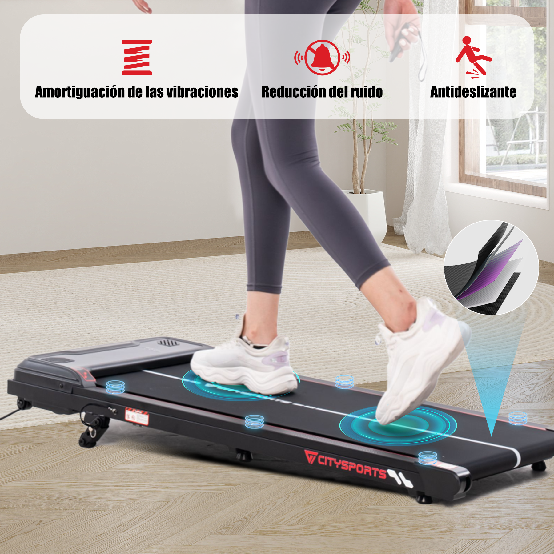Persona caminando en una cinta negra. Características: absorción de vibraciones, reducción de ruido y antideslizante.