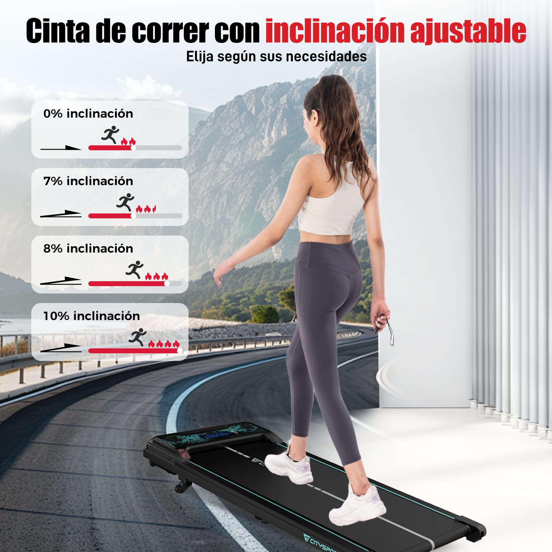 Una mujer camina en una cinta. La imagen muestra diferentes niveles de inclinación. Fondo: montañas y una carretera.