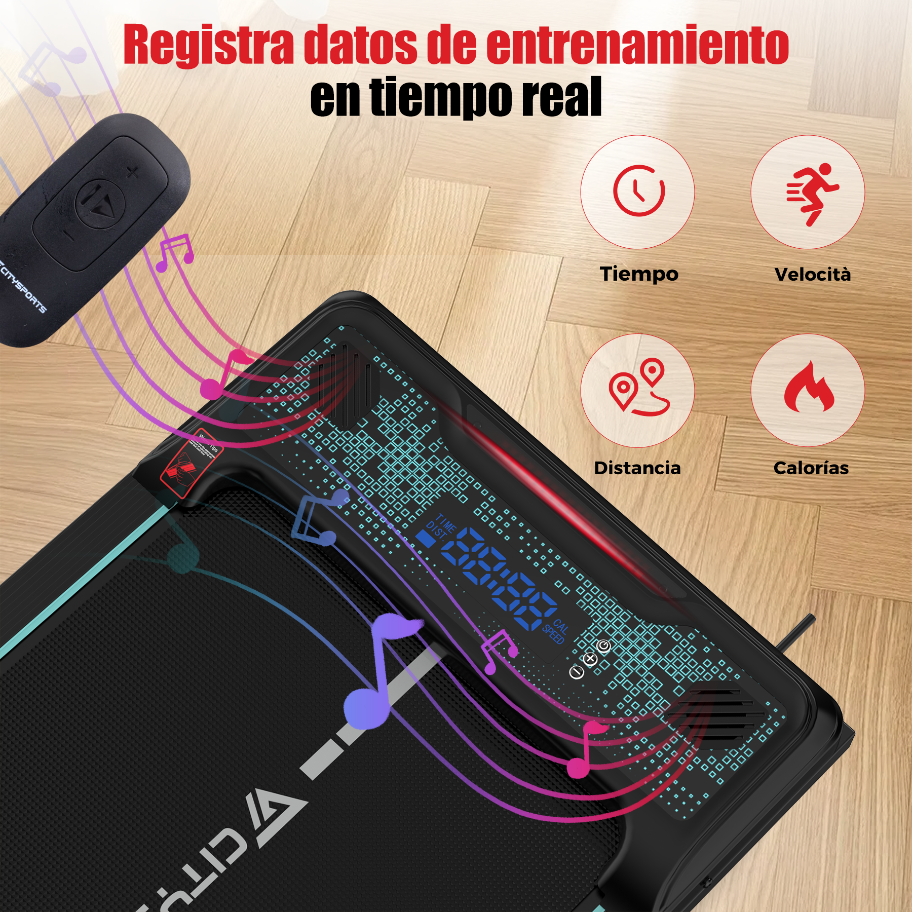 Cinta de correr con pantalla que muestra tiempo, velocidad y estadísticas. Mando a distancia e iconos de funciones.