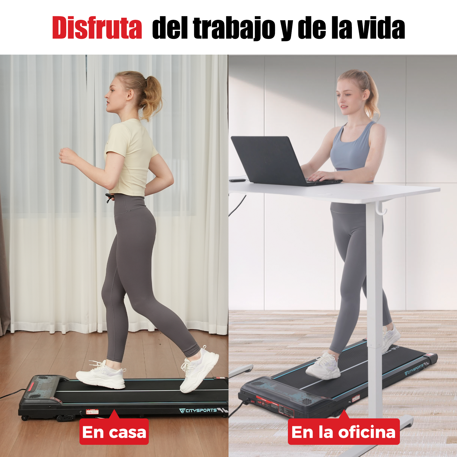 Imagen muestra a una mujer haciendo ejercicio en una cinta en casa y en la oficina, usando una laptop en la oficina.