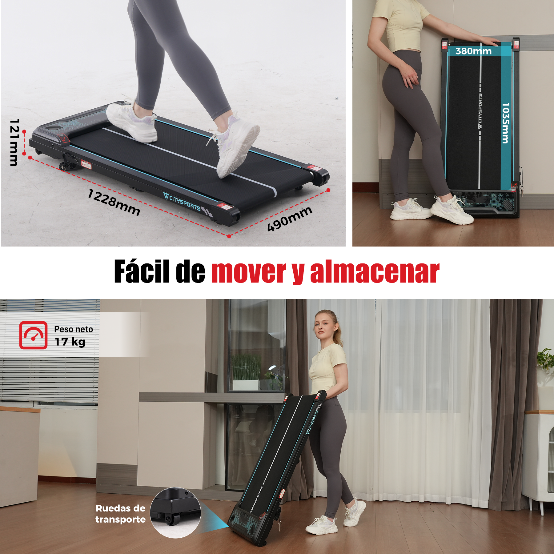 La imagen muestra una cinta de correr plegable con dimensiones etiquetadas. Una persona corre sobre ella. Otra persona la sostiene. El texto dice "Fácil de mover y guardar".