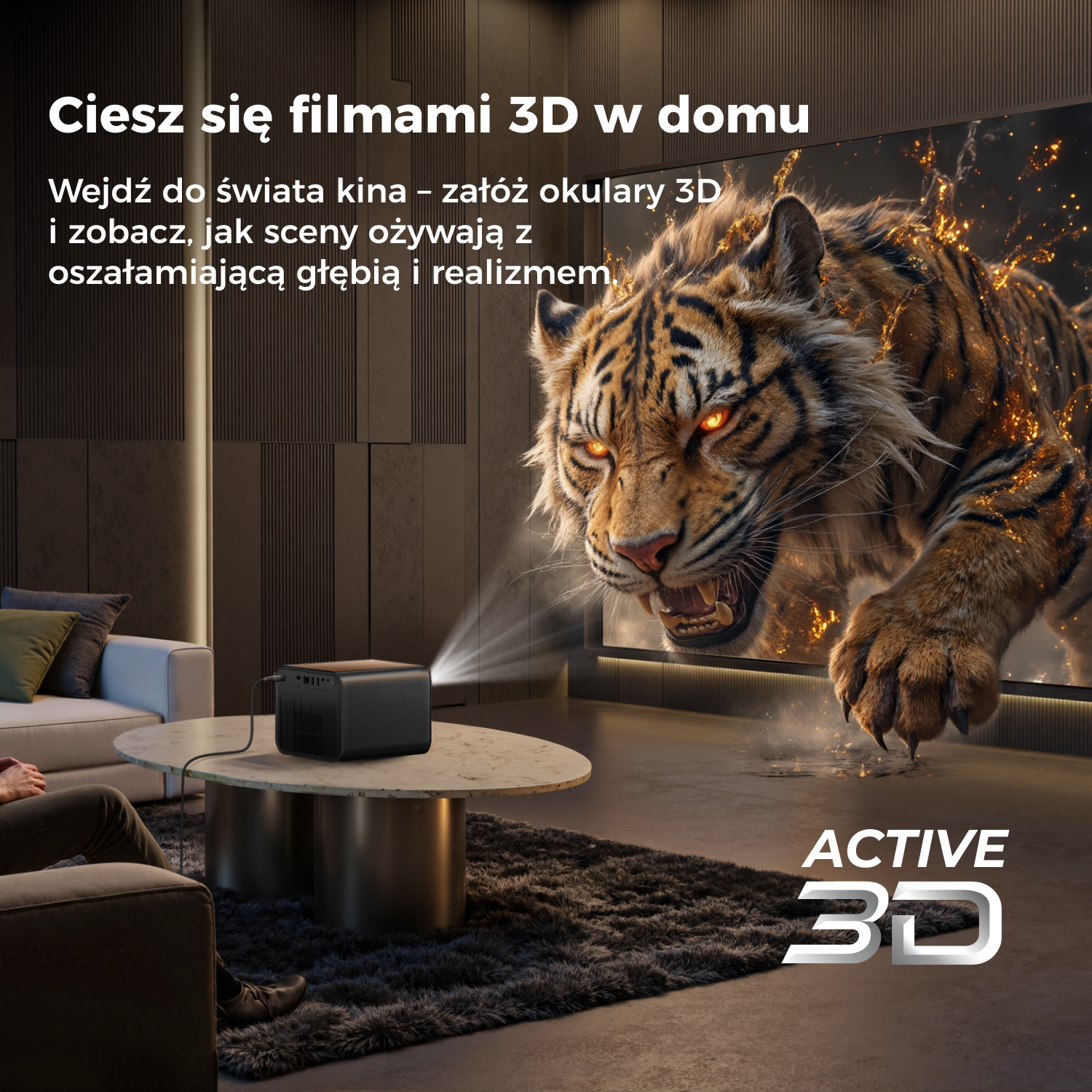 Tygrys przebija się przez ekran. Widoczny jest również projektor i osoba oglądająca w salonie.