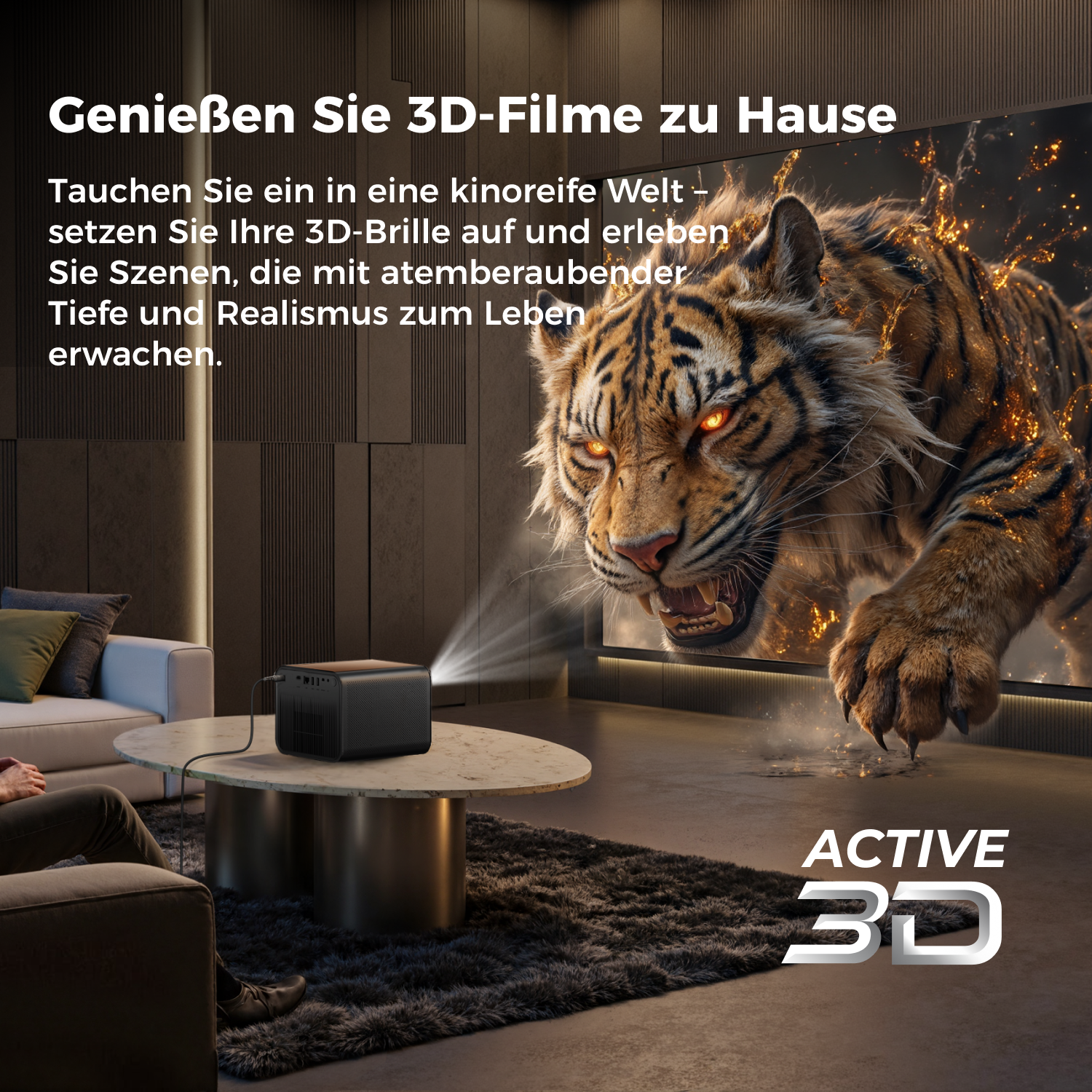 Scène de salon avec projection 3D d'un tigre. Un projecteur sur une table. Texte faisant la pub du cinéma 3D à domicile.
