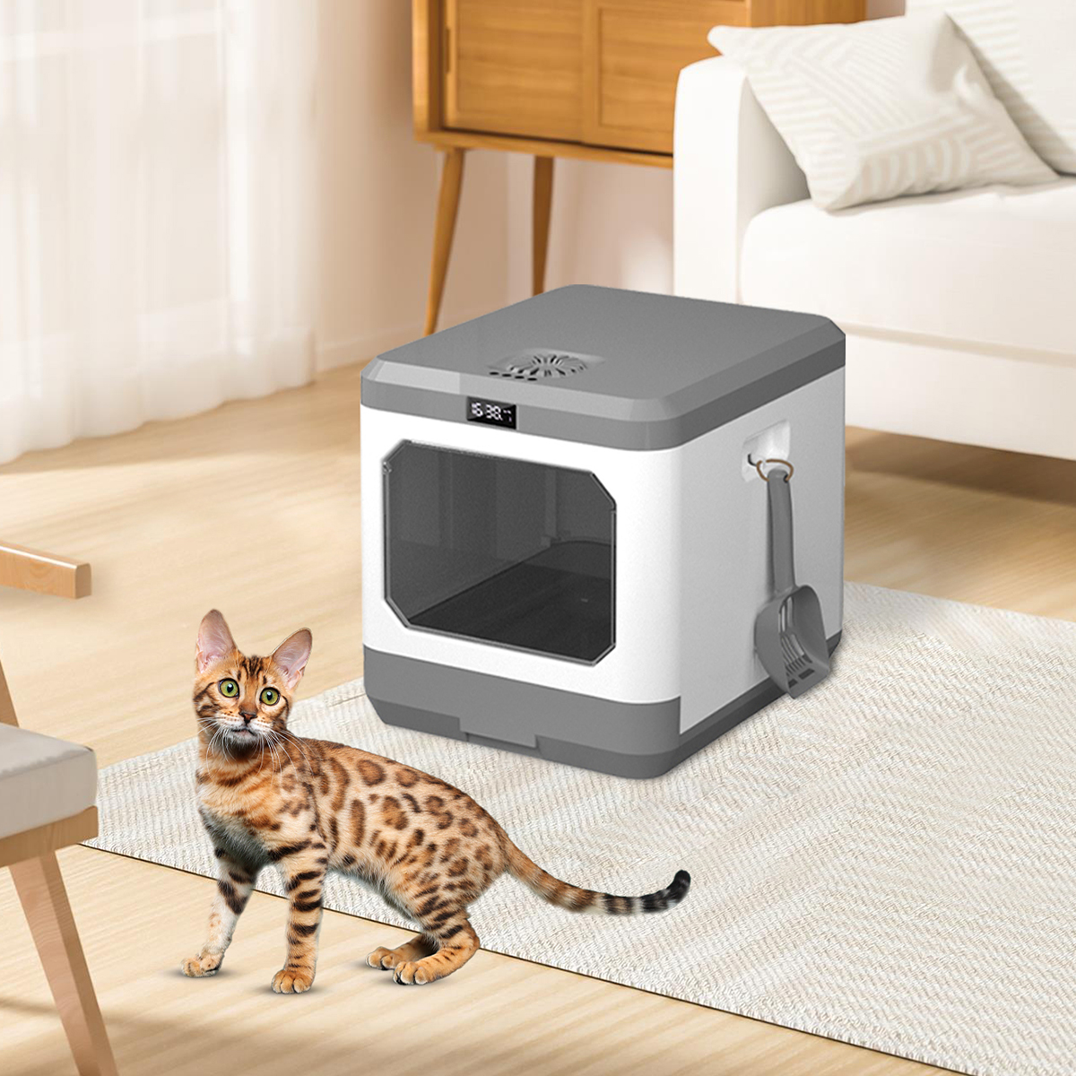 Eine Bengal-Katze steht neben einer weißen und grauen Katzentoilette. Eine Schaufel hängt an der Seite. Ein beiger Teppich und Holzmöbel sind im Hintergrund.