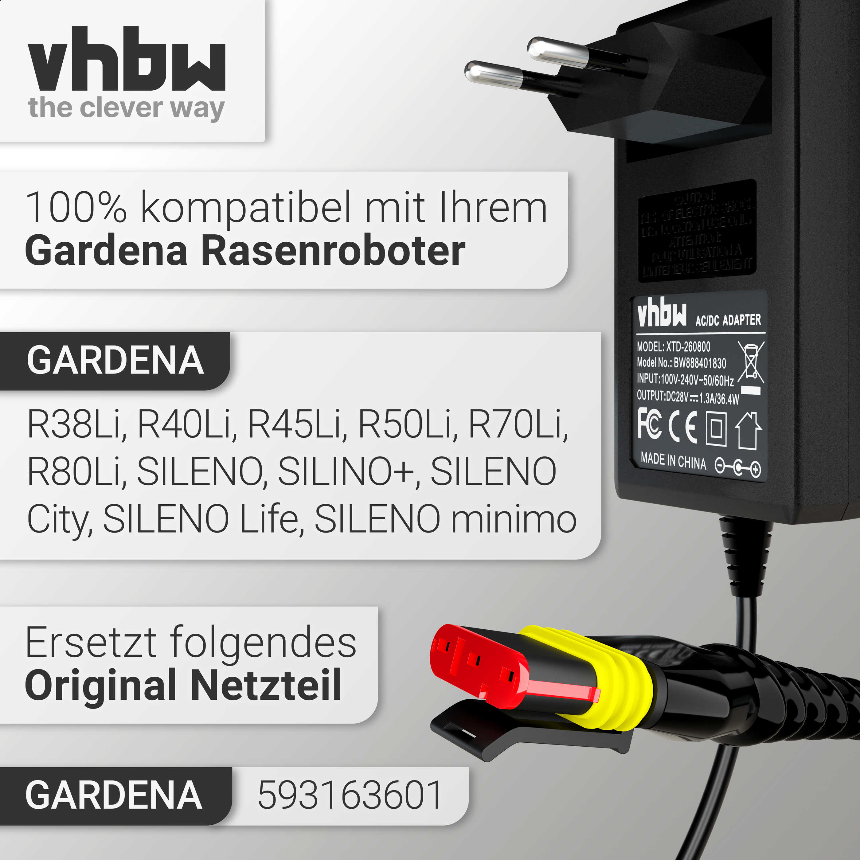 Ein AC/DC-Adapter mit schwarzem Stecker und Kabel sowie Text für Gardena-Mähroboter.
