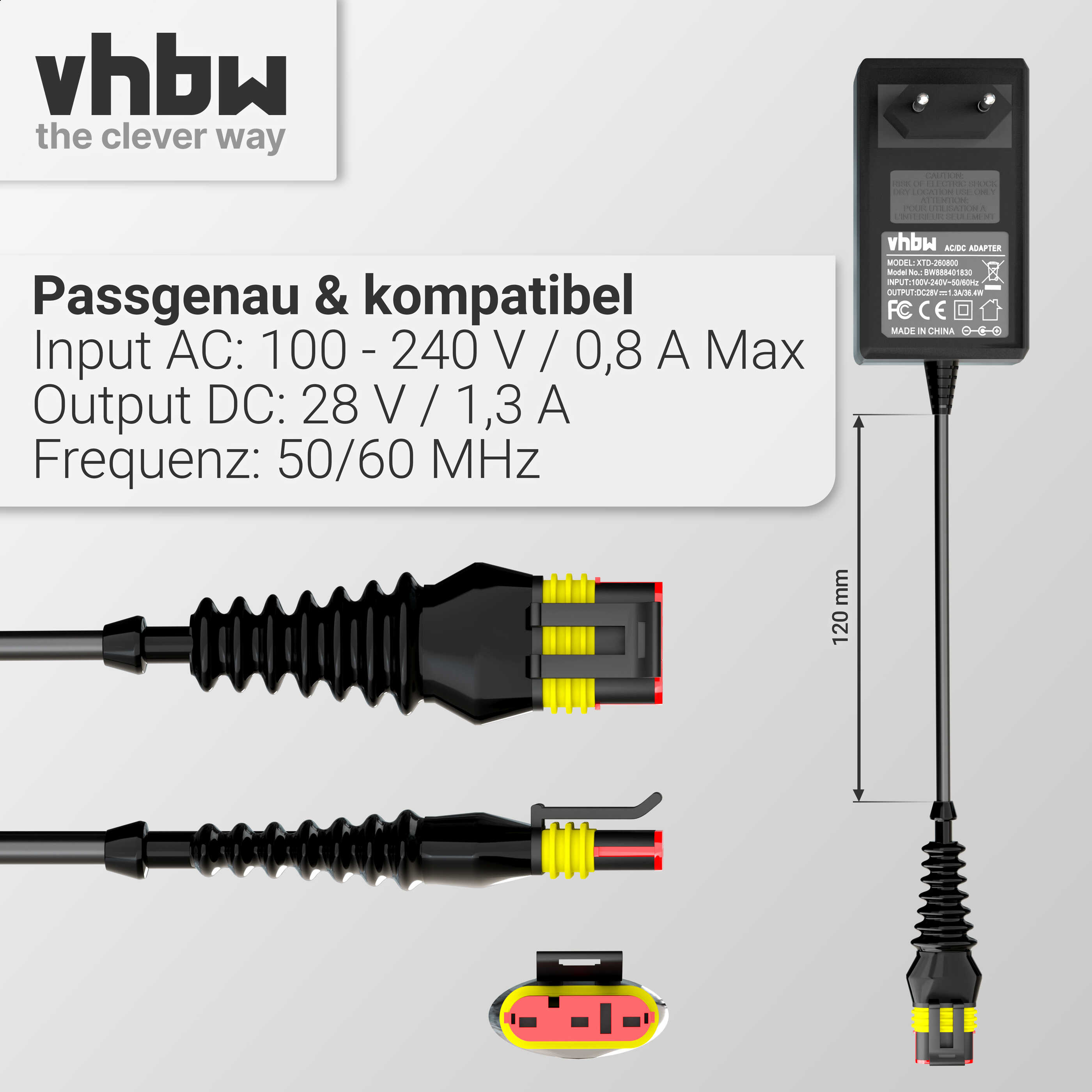 Ein AC/DC-Adapter mit schwarzem Kabel und gelb/roten Steckern. Text enthält Spannungsdetails und das 'vhbw'-Logo.