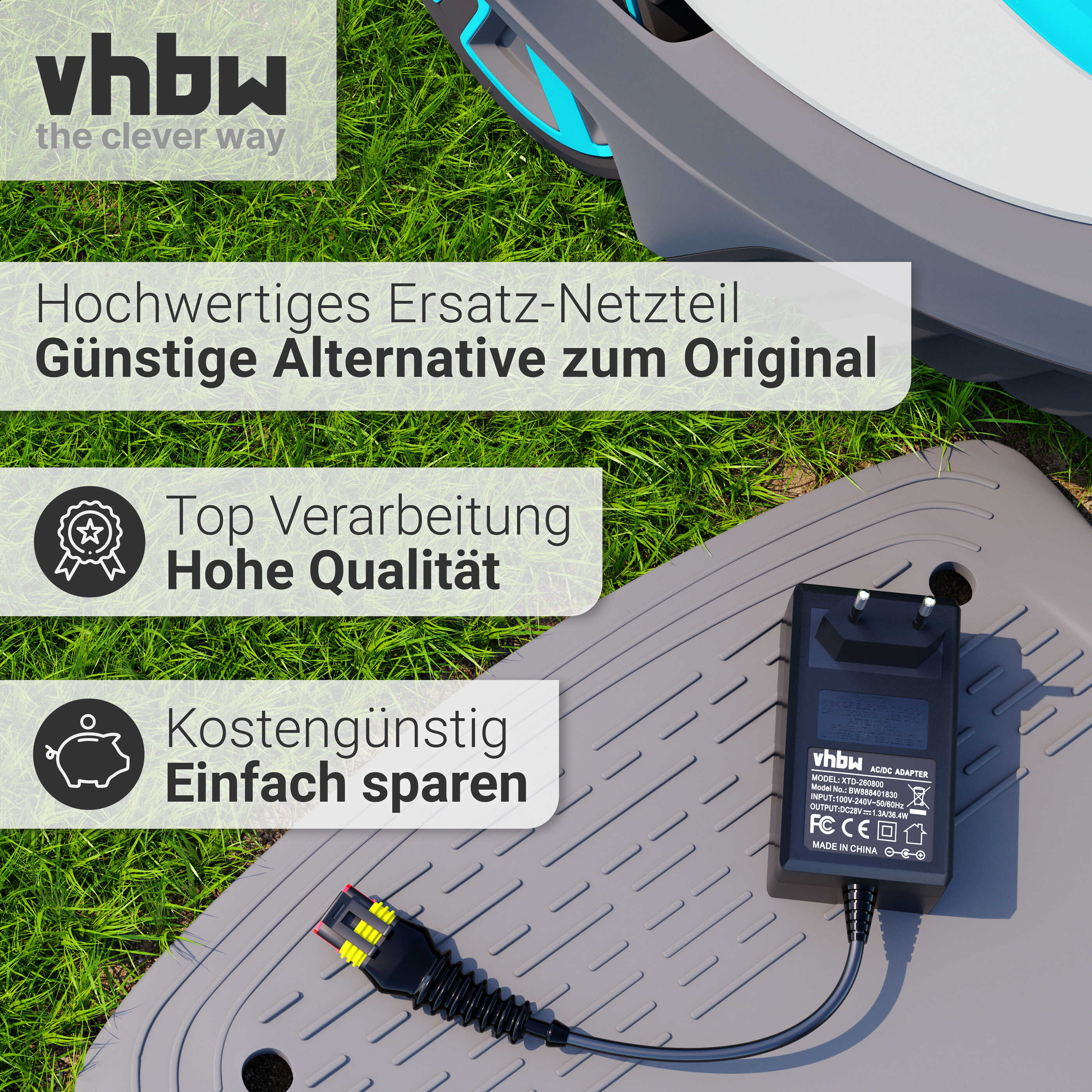 Ein Netzteil auf grauer Oberfläche. Text beschreibt Qualität und Ersparnis. Grünes Gras und ein Rasenroboter im Hintergrund.