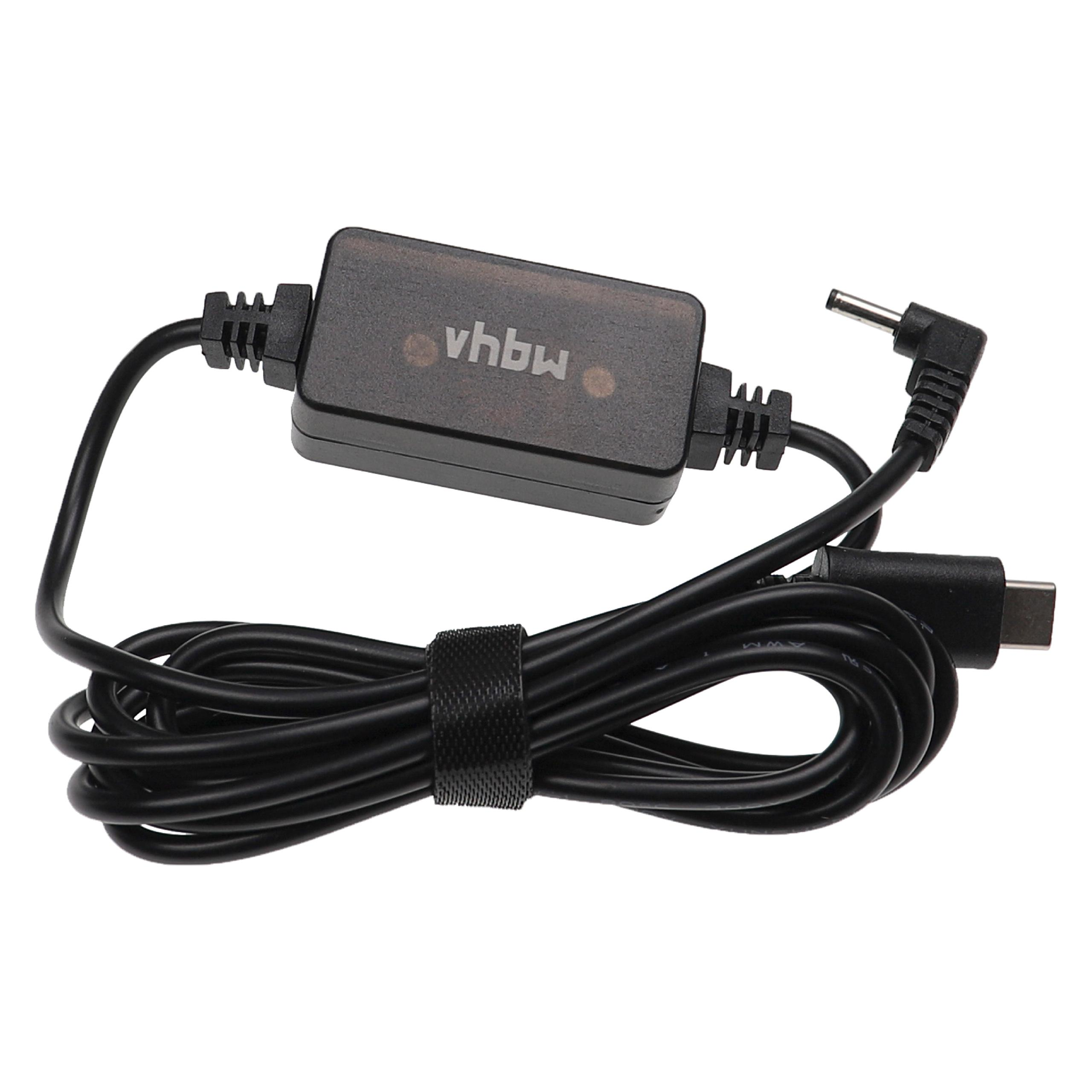 Ein schwarzes Netzteil mit schwarzem Kabel, ein rechteckiger Block mit der Aufschrift 'vhbw' und ein USB-C-Anschluss.