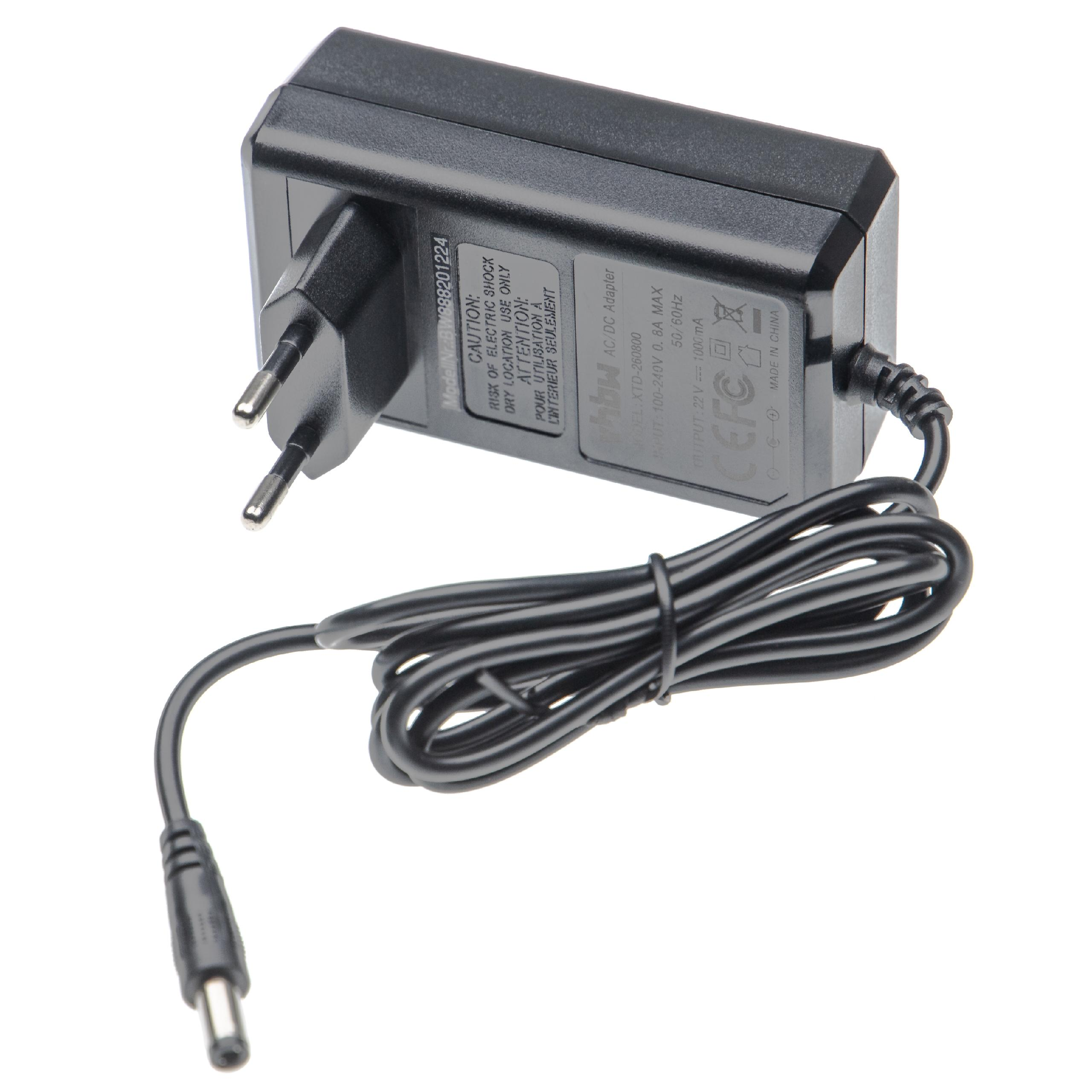 Ein schwarzes AC/DC-Netzteil mit einem zweipoligen Stecker und einem schwarzen Kabel. Es befindet sich auf weißem Hintergrund.