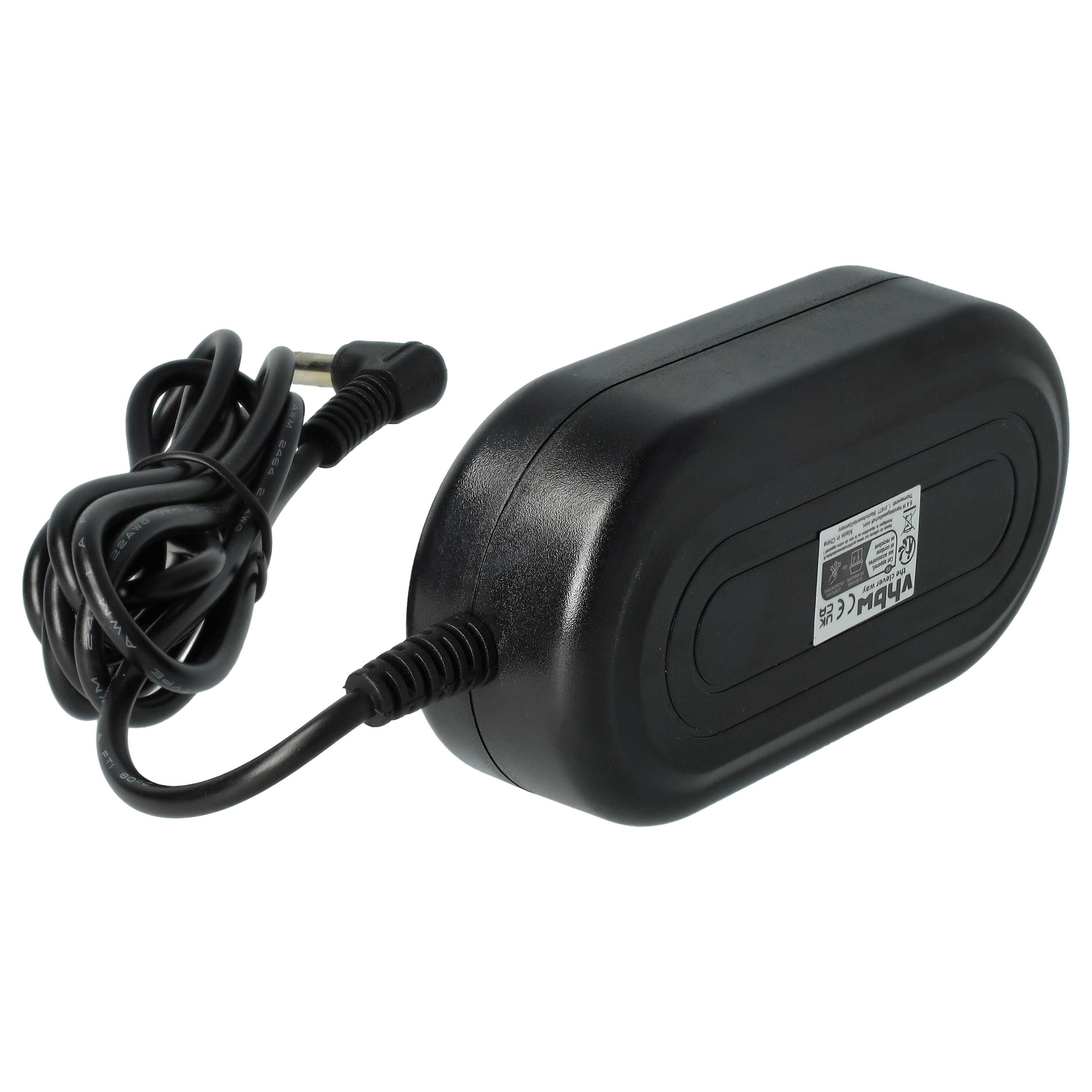 Schwarzes Netzteil mit schwarzem Kabel. Der Adapter ist rechteckig, das Kabel ist aufgerollt.