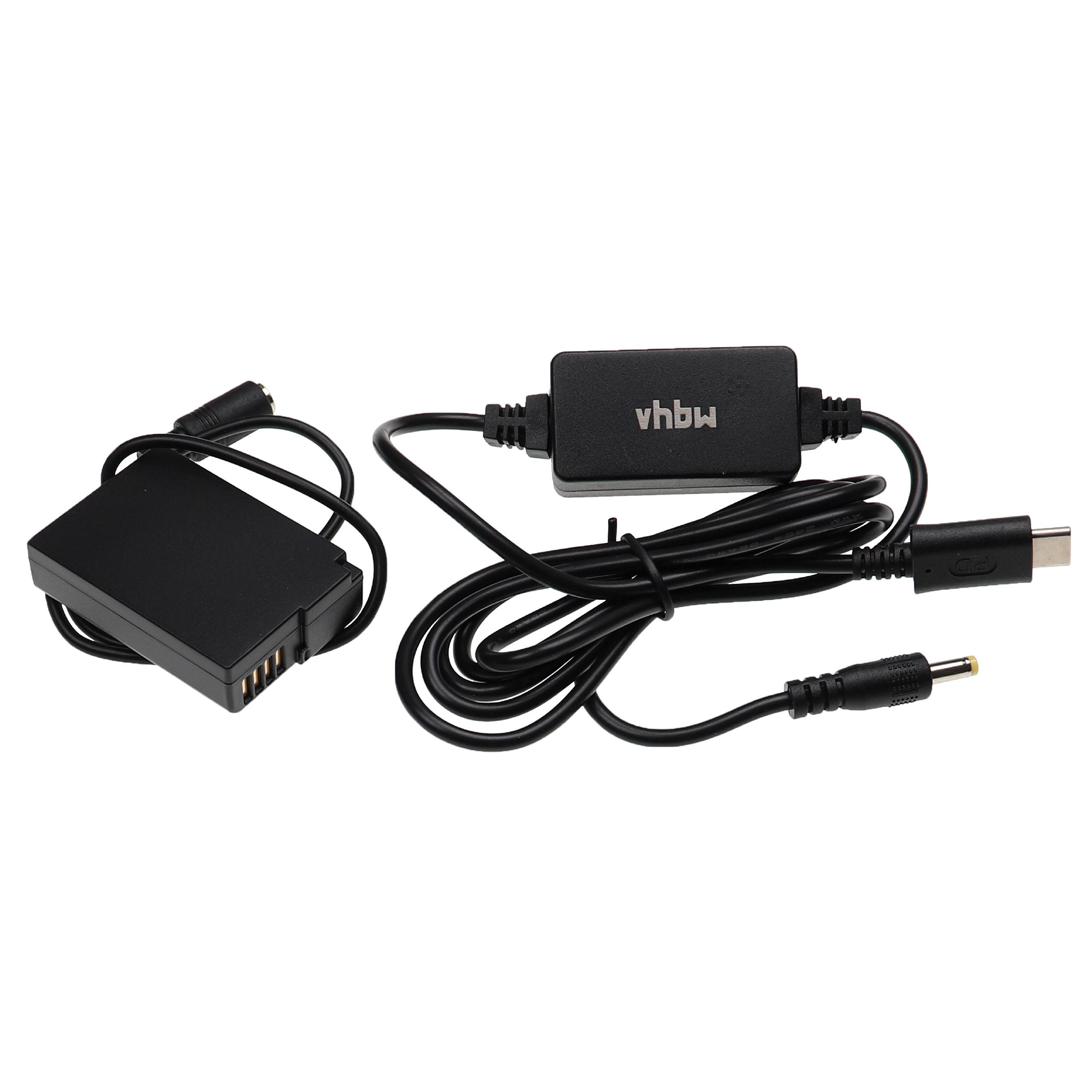 Schwarzer vhbw-Adapter mit Kabeln, verschiedenen Anschlüssen und einem schwarzen Akku auf weißem Untergrund.