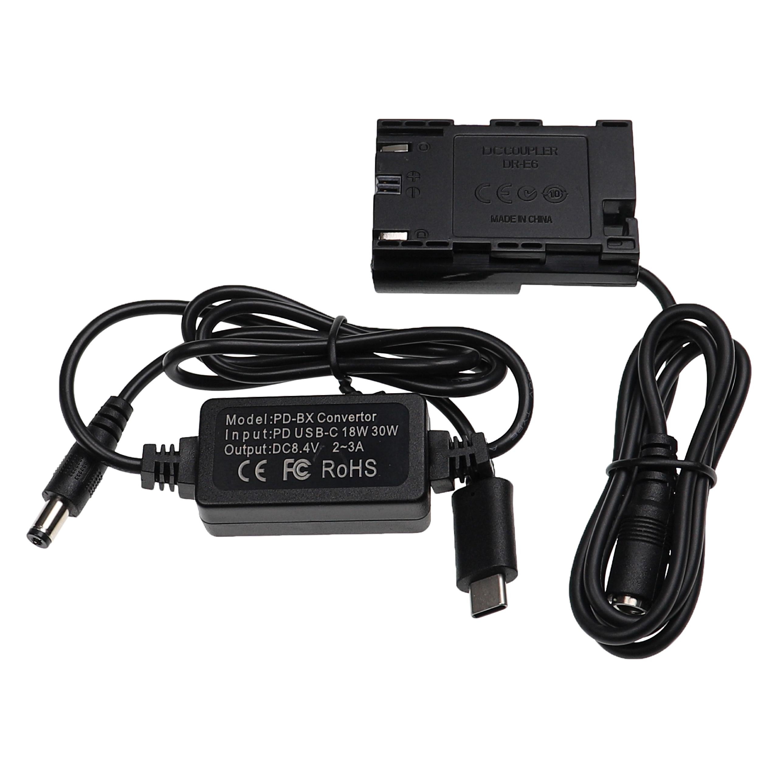 Schwarzer Gleichstromkoppler mit Kabeln und einem Konverterkasten. Er hat einen USB-C-Anschluss und einen Gleichstromanschluss.
