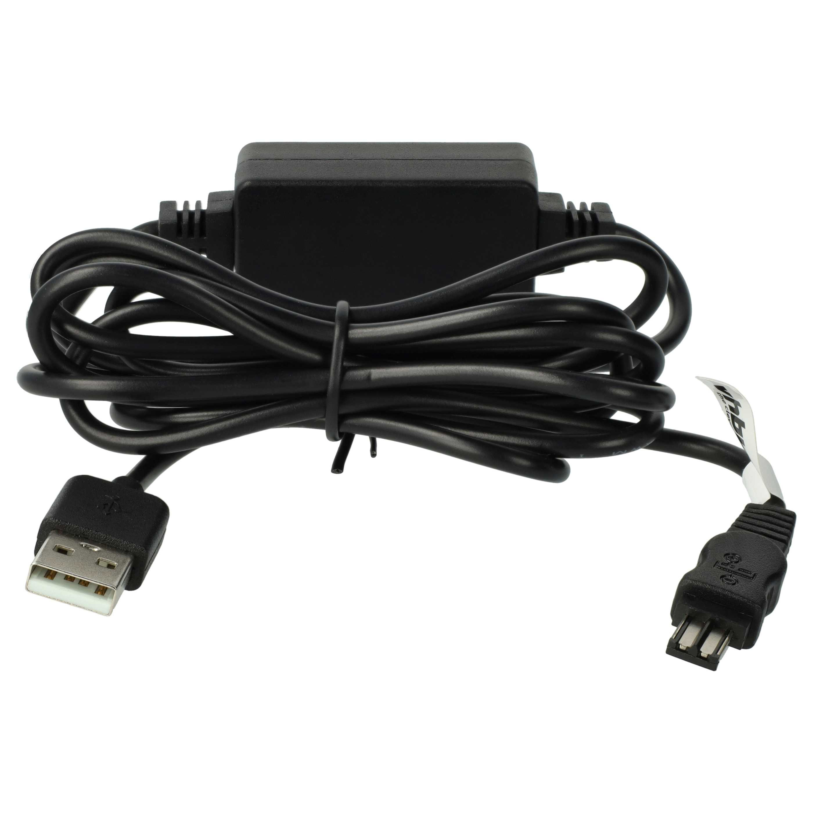Ein schwarzes USB-Kabel mit einem rechteckigen schwarzen Kasten in der Mitte und Anschlüssen an jedem Ende, auf weißem Hintergrund.