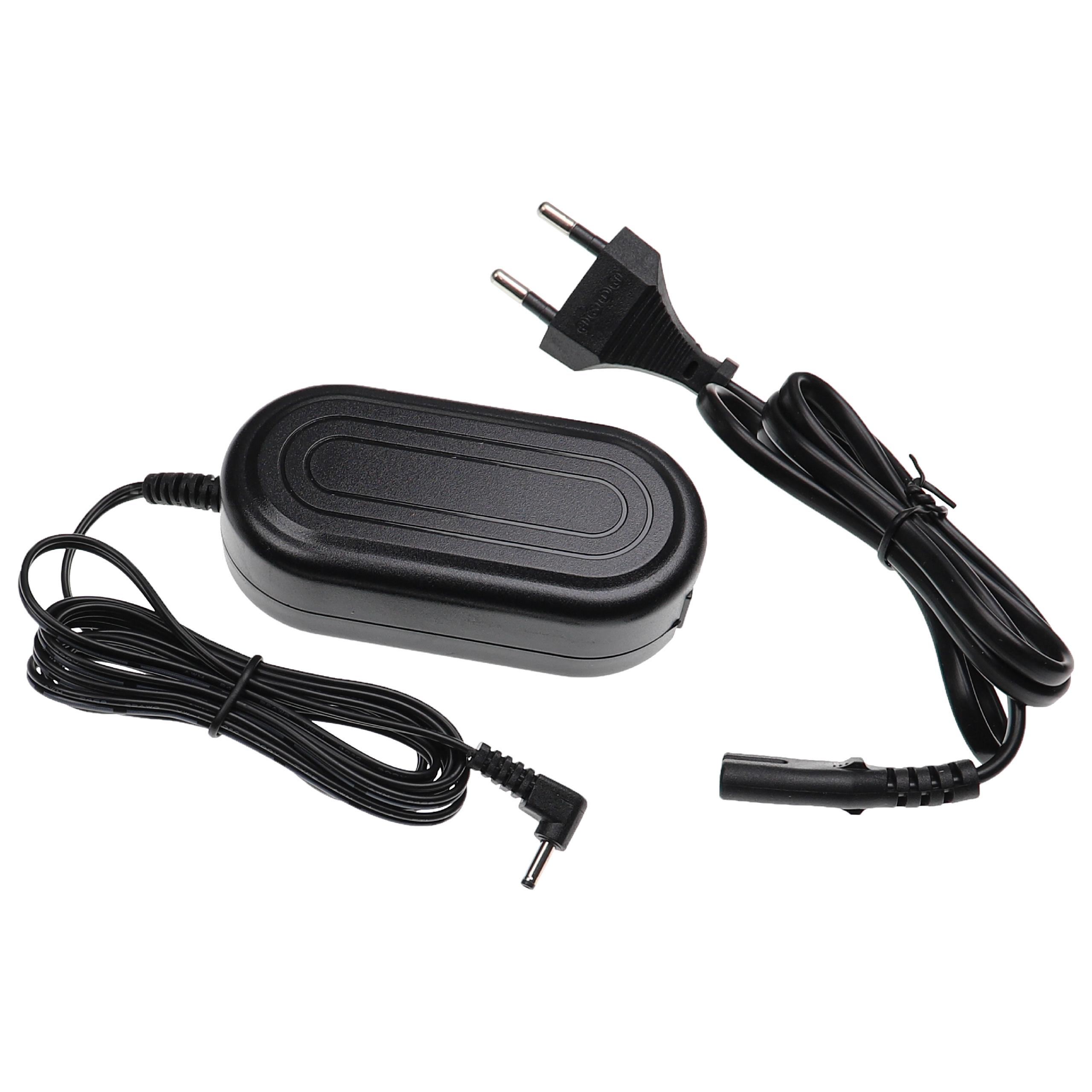 Ein schwarzes Netzteil mit Kabel, Stecker und Anschluss, alles vor weißem Hintergrund.