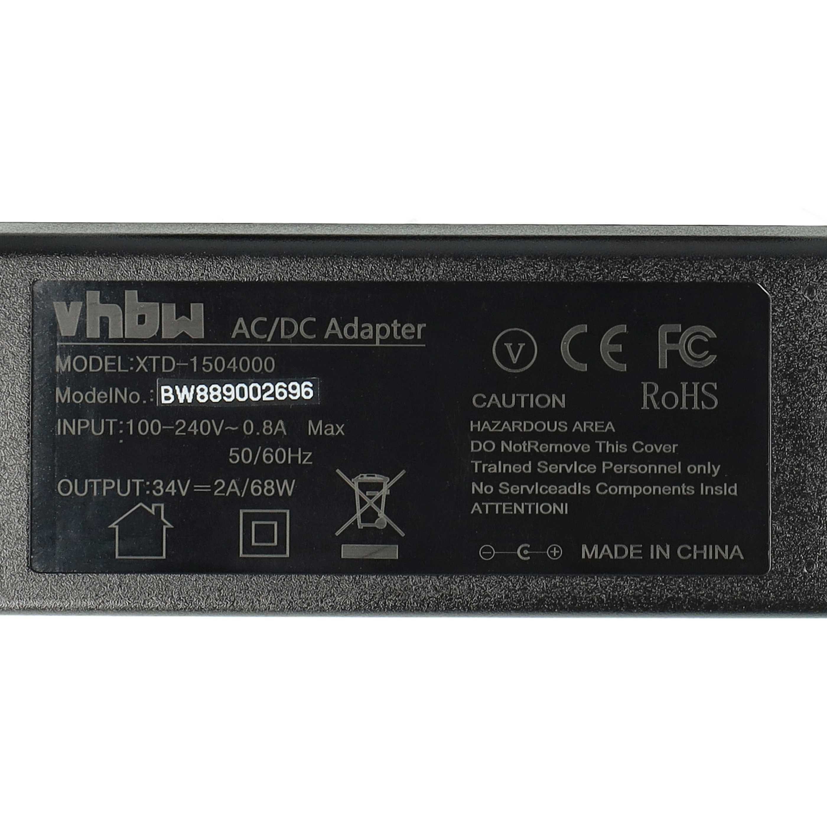 Schwarzes AC/DC-Adapteretikett mit Text: vhbw, Modell, Eingangs-/Ausgangsspezifikationen, Sicherheitssymbole und Made in China.