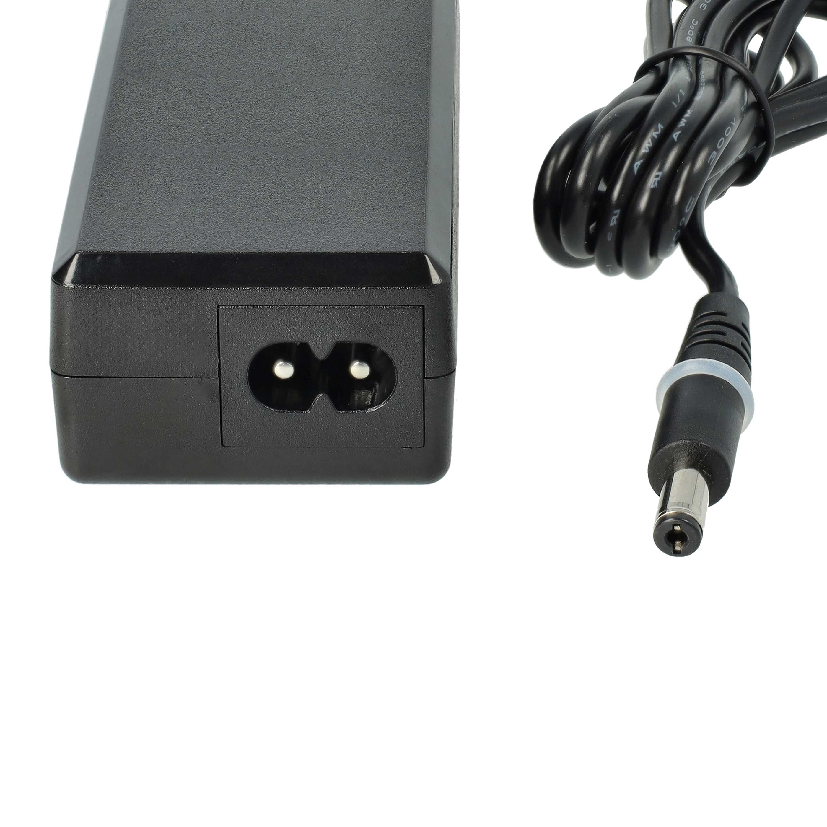 Ein schwarzes Netzteil mit Zweizahn-Eingang, mit schwarzem Kabel und zylindrischem Stecker.