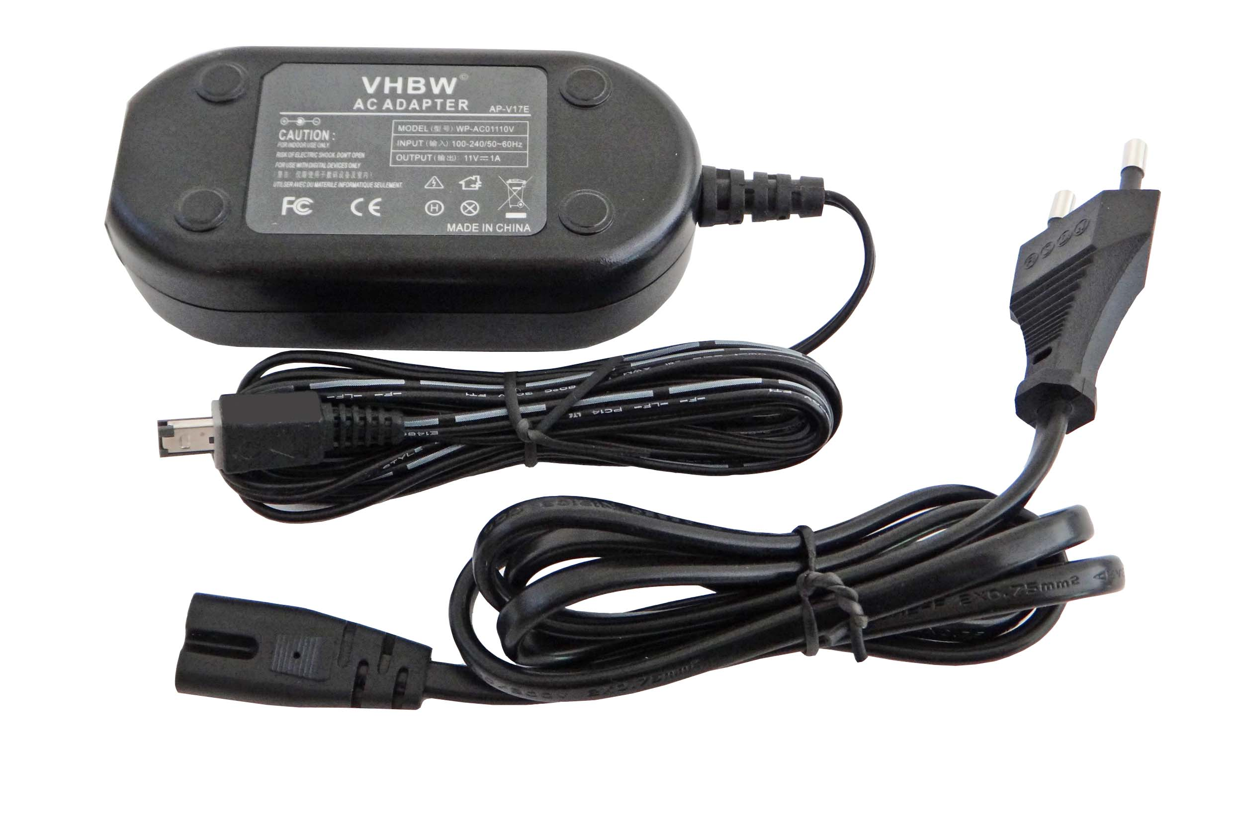 Schwarzer VHBW-Netzadapter mit Kabeln, Stecker und Micro-USB-Anschluss auf weißem Hintergrund. Etikettendetails sichtbar.