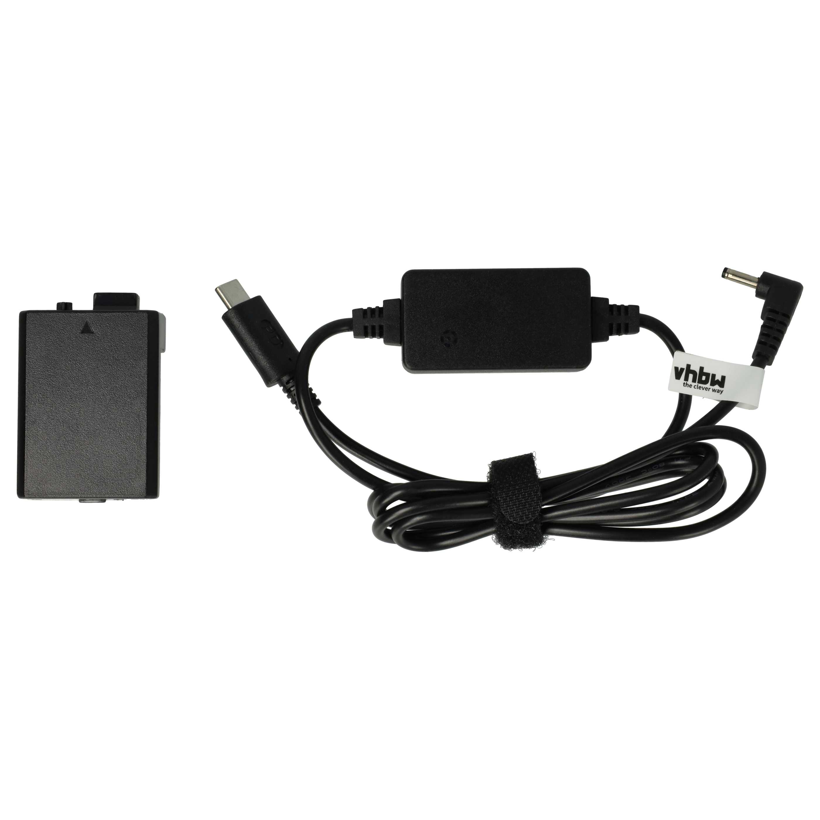 Das Bild zeigt einen schwarzen Akku und ein schwarzes Ladekabel mit USB-C-Anschluss und Netzstecker, beides auf weißem Hintergrund.