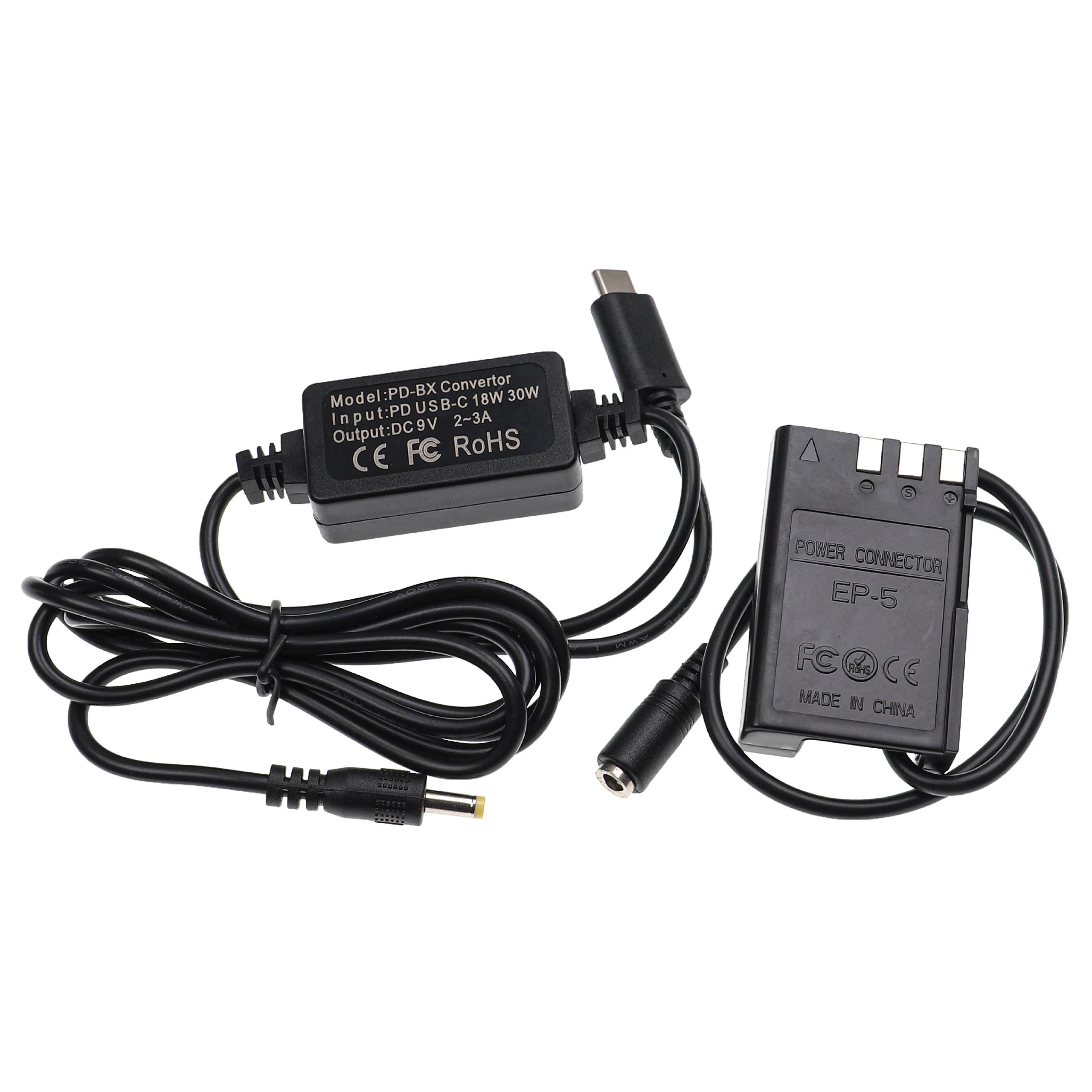 Schwarzer Netzadapter mit USB-C- und DC-Anschlüssen. Enthält einen Konverter und einen EP-5-Stromanschluss.