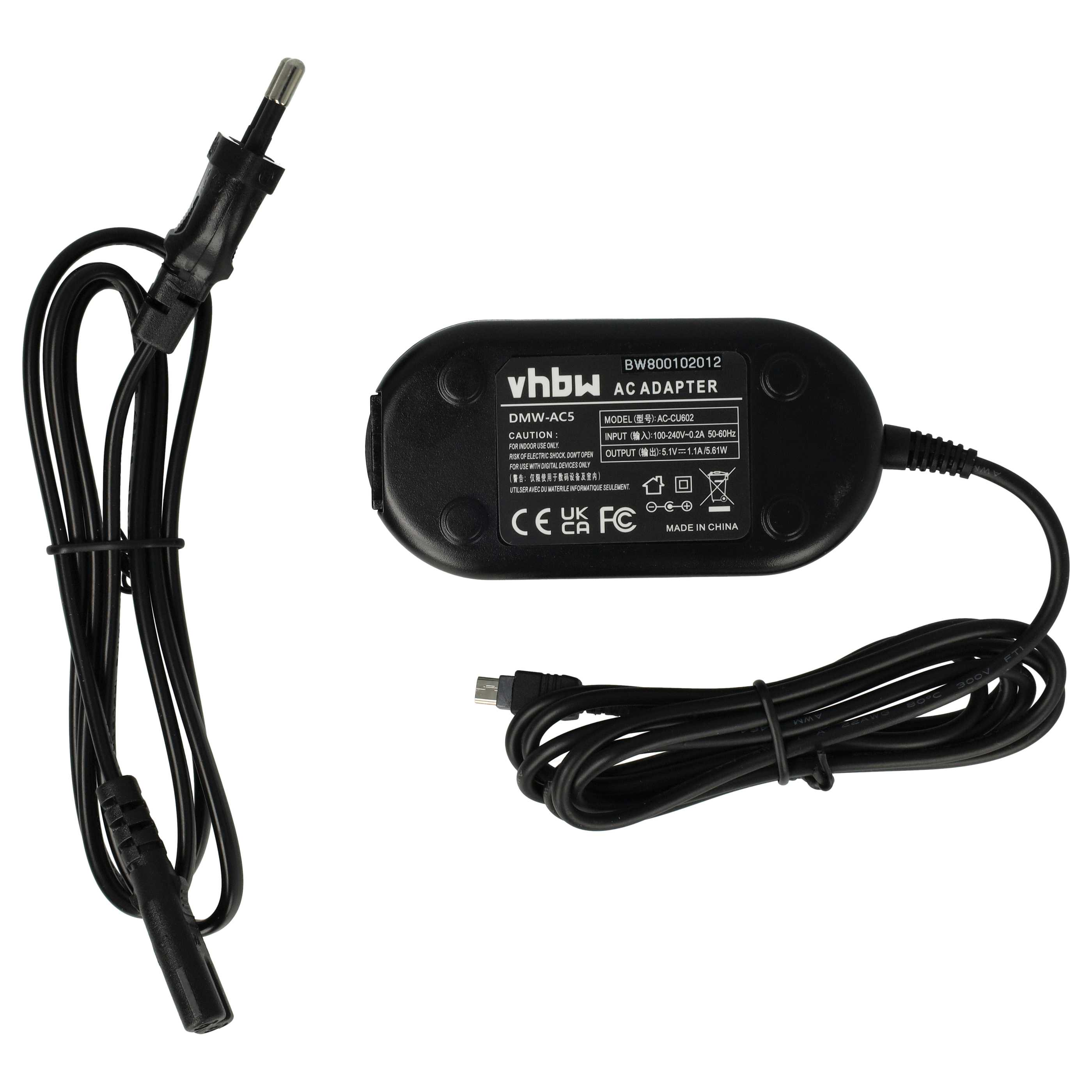 Schwarzer AC-Adapter mit Kabeln und Stecker. Auf dem Adapter steht 'vhbw AC ADAPTER' und weitere technische Details.