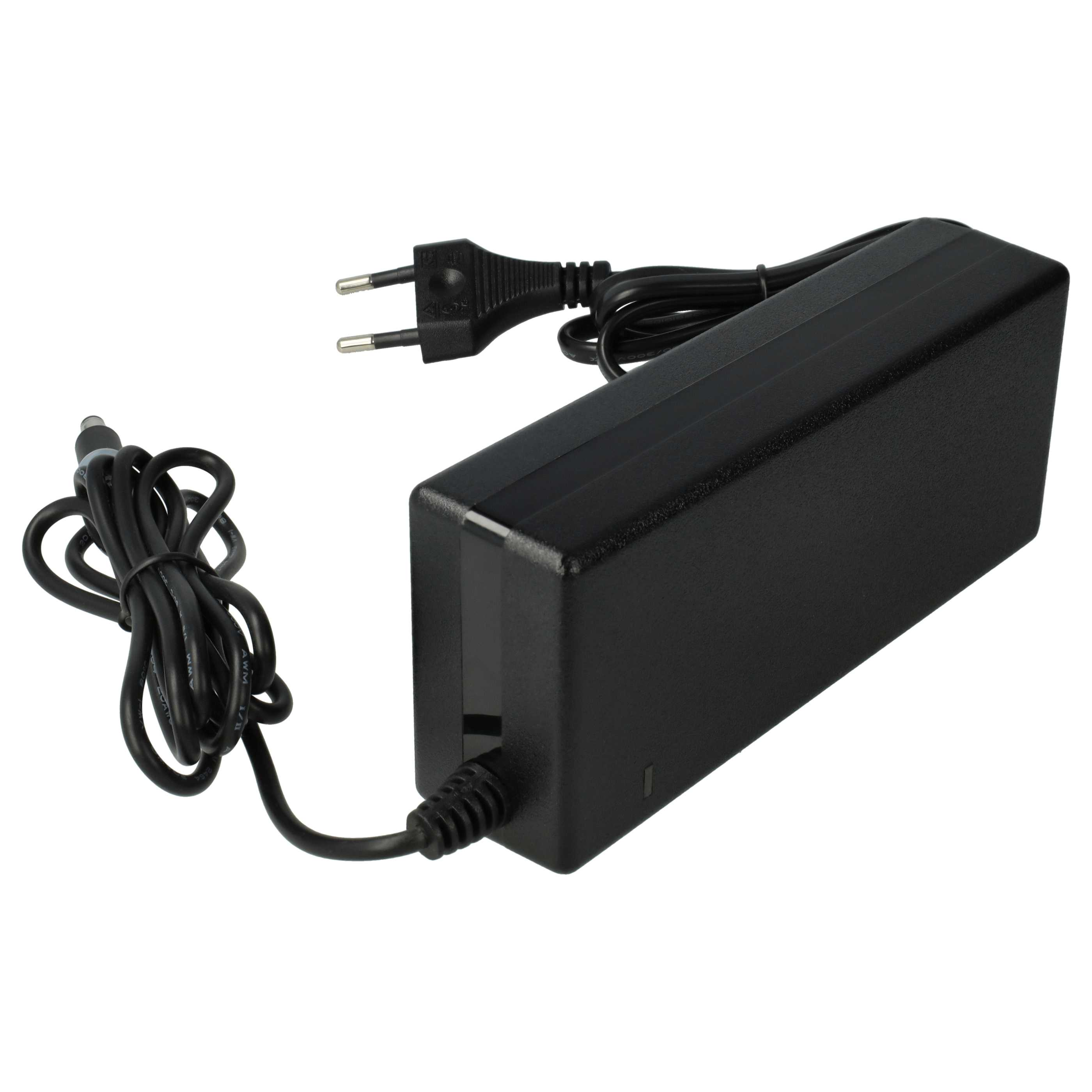 Ein schwarzes Netzteil mit einem zweipoligen Stecker und einem schwarzen Kabel. Der Adapter ist rechteckig.